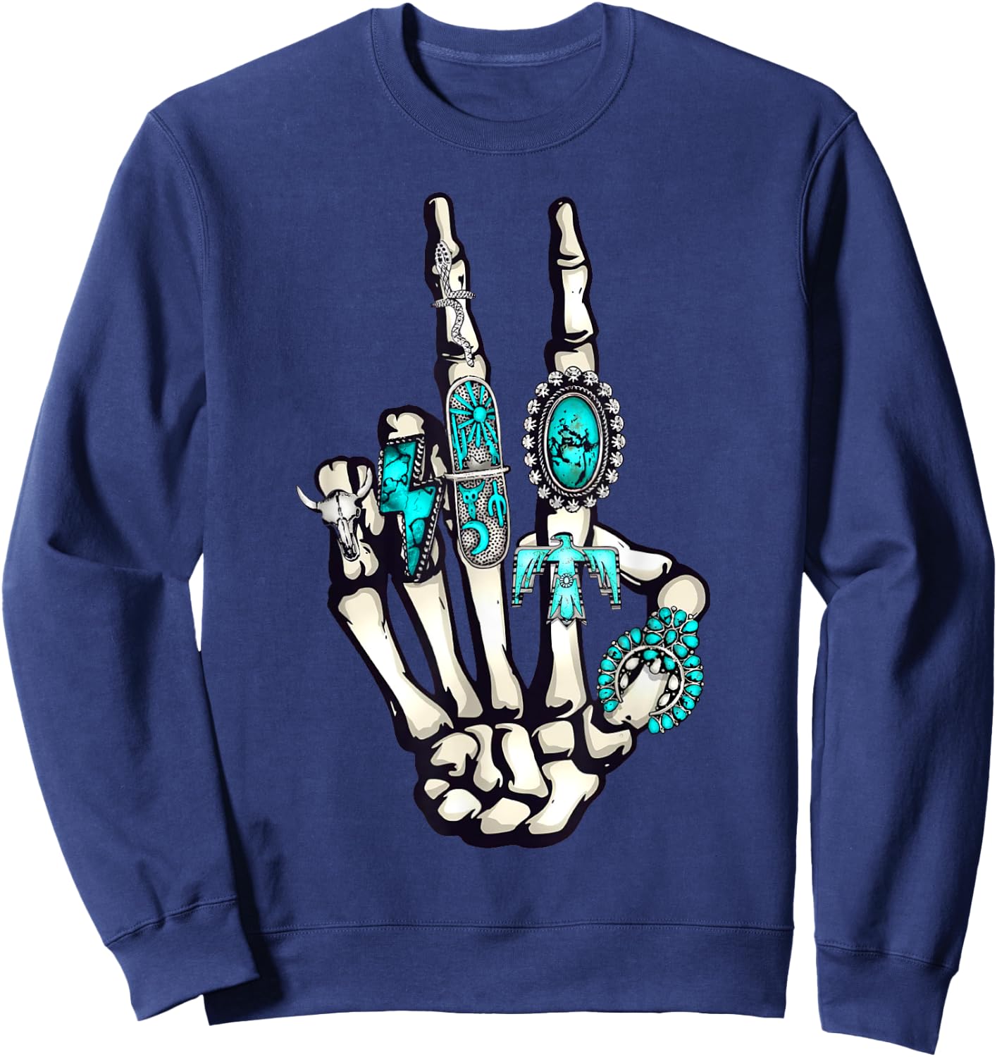 Skeleton with Turquoise Hand Western Skeleton Rings Lover Sweatshirt - Sweatshirt | Navy