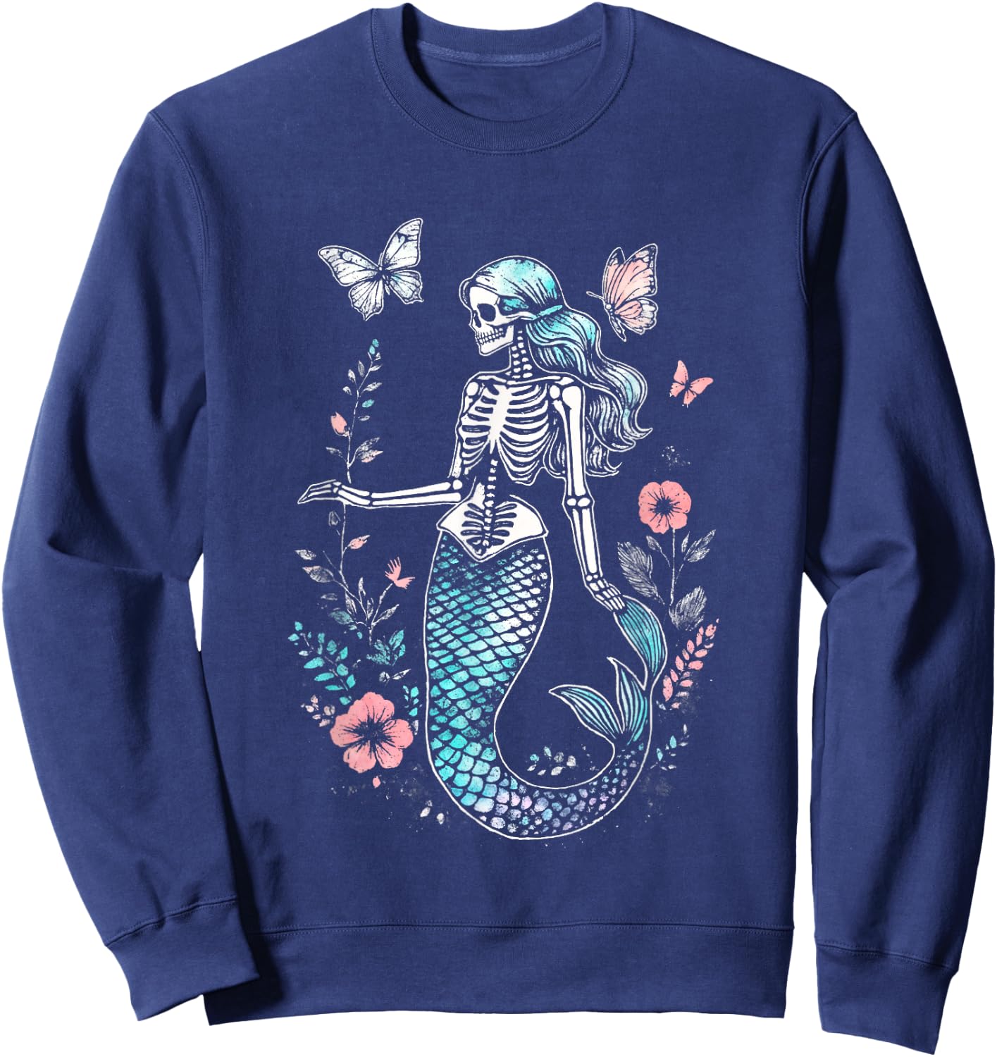 Goth Floral Butterflies Kawaii Skeleton Mermaid Sweatshirt - Sweatshirt | Navy