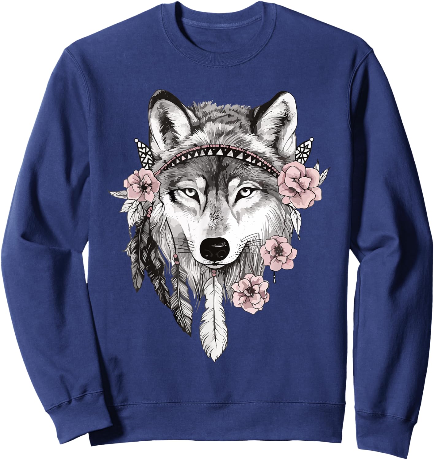Ethnic Tribal Wolf Head Boho Feather Native American Art Sweatshirt - Sweatshirt | Navy