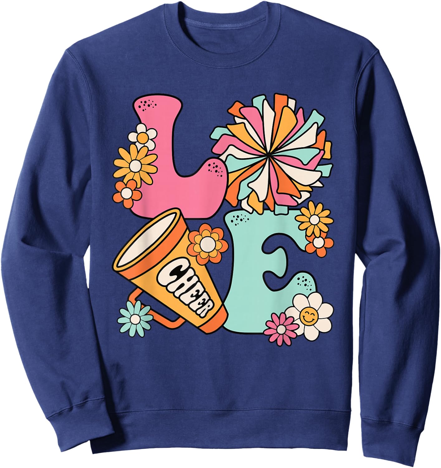 Love Cheer Groovy Cheerleader Cheerleading Women Girls Teens Sweatshirt - Sweatshirt | Navy