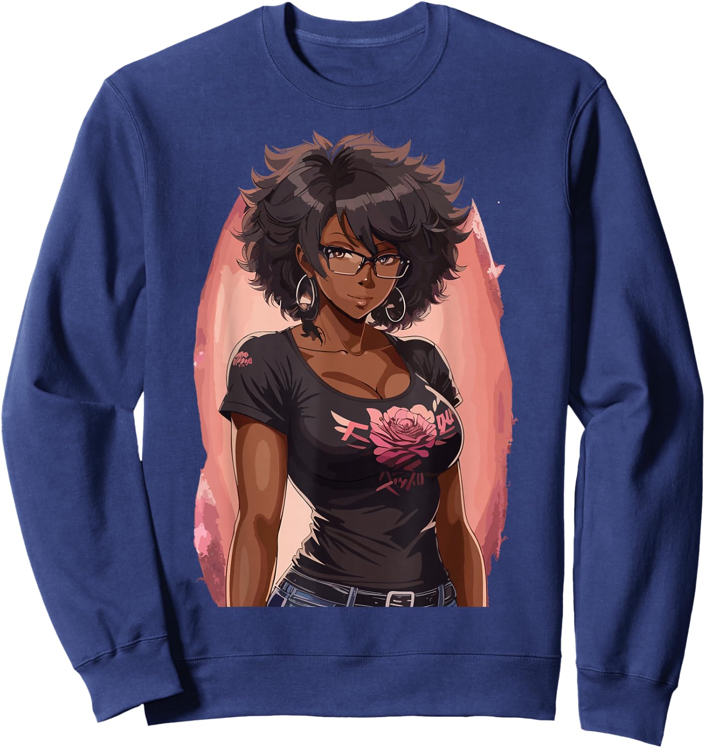Black Anime Girl Kawaii Waifu Aesthetic Japanese Sweatshirt - Sweatshirt | Navy