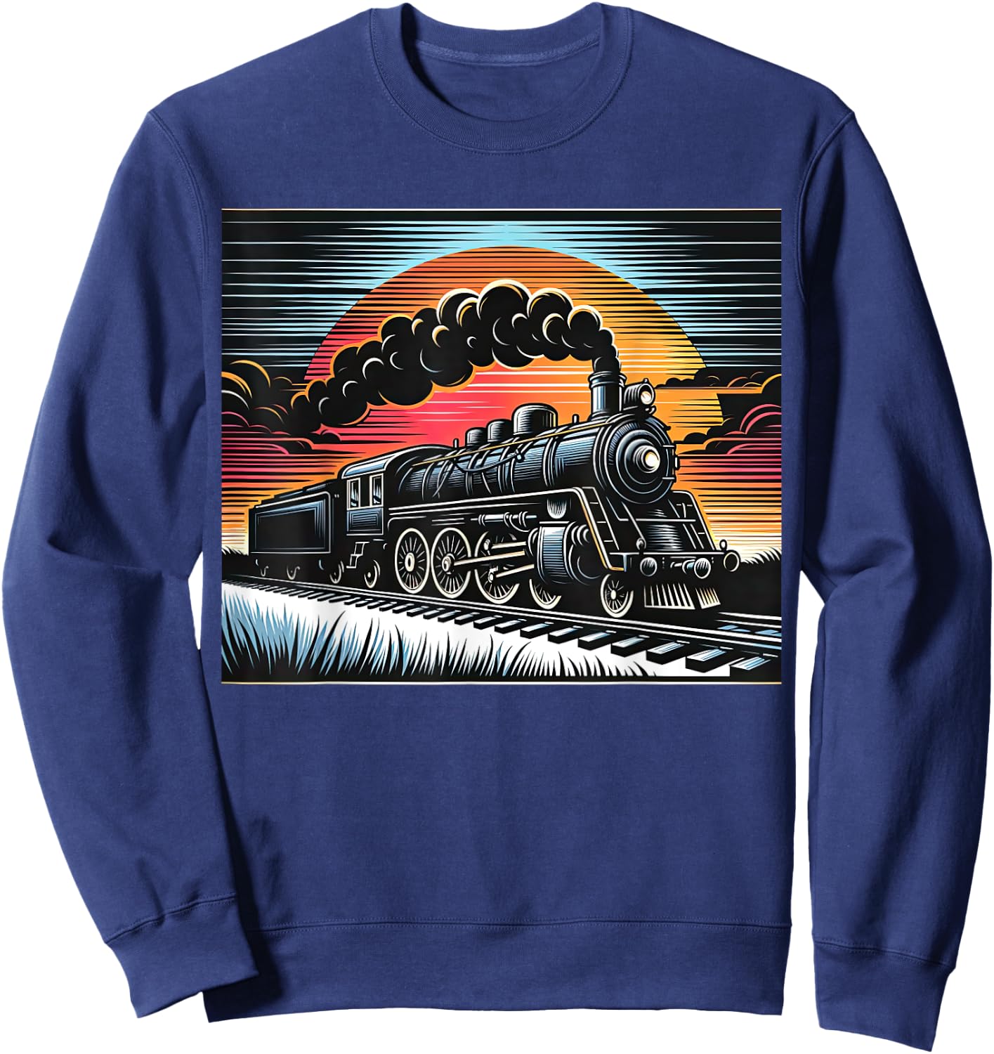 Vintage Steam Engine Train Locomotive Cool Sunset Railroad Sweatshirt - Sweatshirt | Navy
