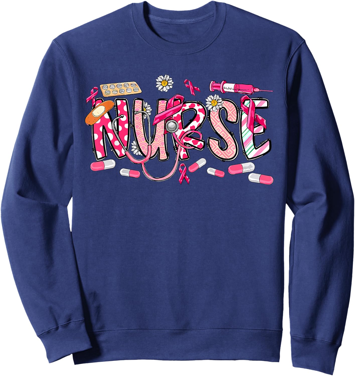 Pink Stethoscope Nurse Medical Breast Cancer Awareness Sweatshirt - Sweatshirt | Navy