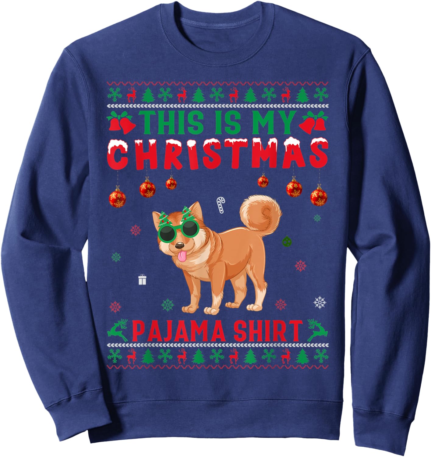 Ugly Xmas Holiday This Is My Shiba Inu Dog Christmas Pajama Sweatshirt - Sweatshirt | Navy