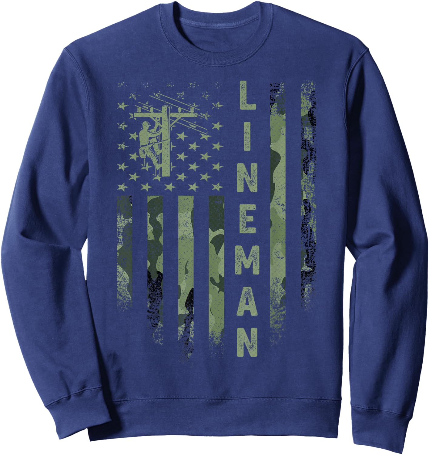 USA Camo Flag Electric Cable Lineman Silhouette Distressed Sweatshirt - Sweatshirt | Navy