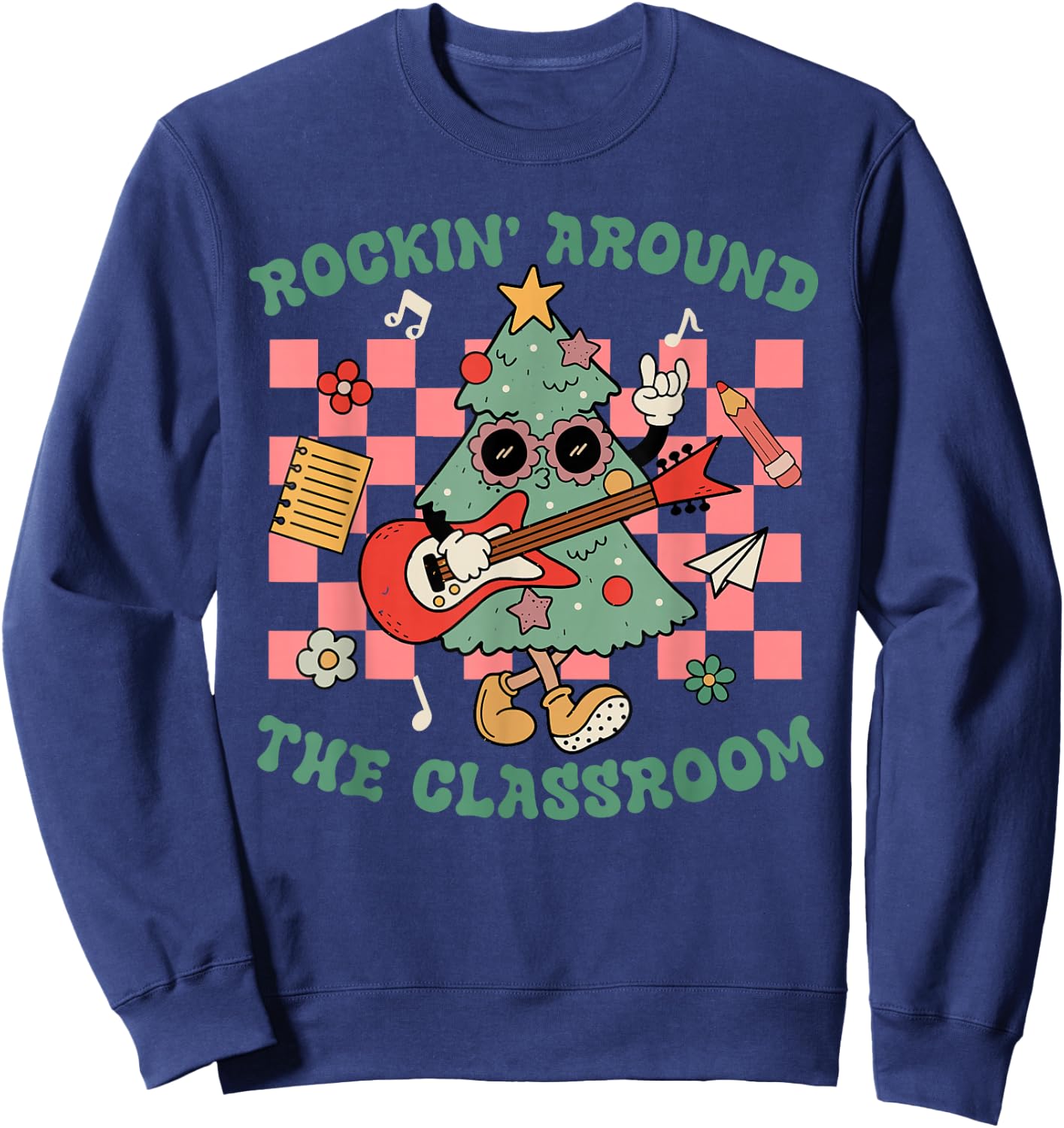 Retro Groovy Teacher Christmas Rockin' Around The Classroom Sweatshirt - Sweatshirt | Navy