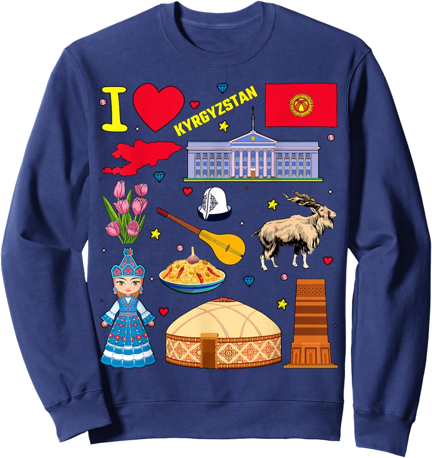 I love Kyrgyzstan. Hand drawn Kyrgyz Landmarks, flag and map Sweatshirt - Sweatshirt | Navy
