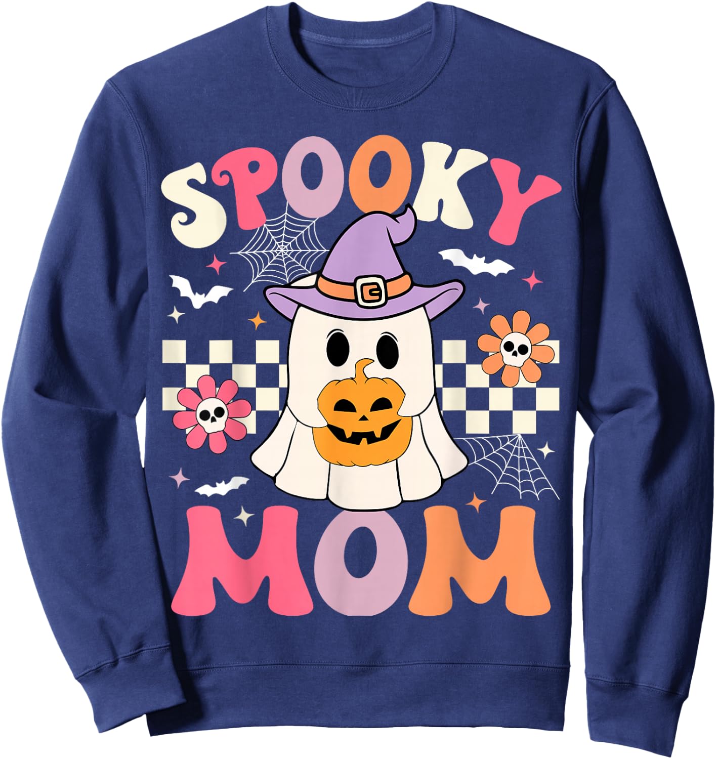 Groovy Spooky Mom Retro Ghost Holding Pumpkin Halloween Sweatshirt - Sweatshirt | Navy