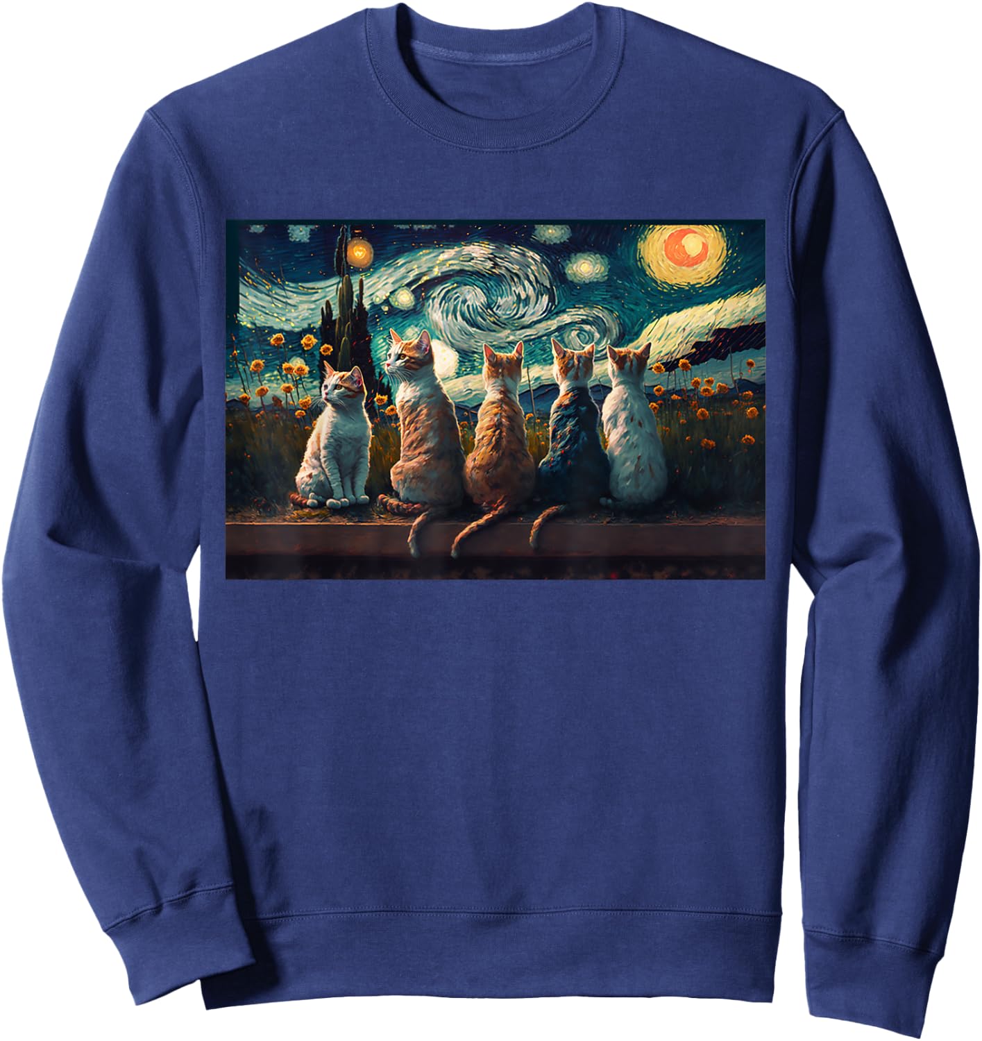 cats painting art sitting Starry Night kitty kitten Van Gogh Sweatshirt - Sweatshirt | Navy