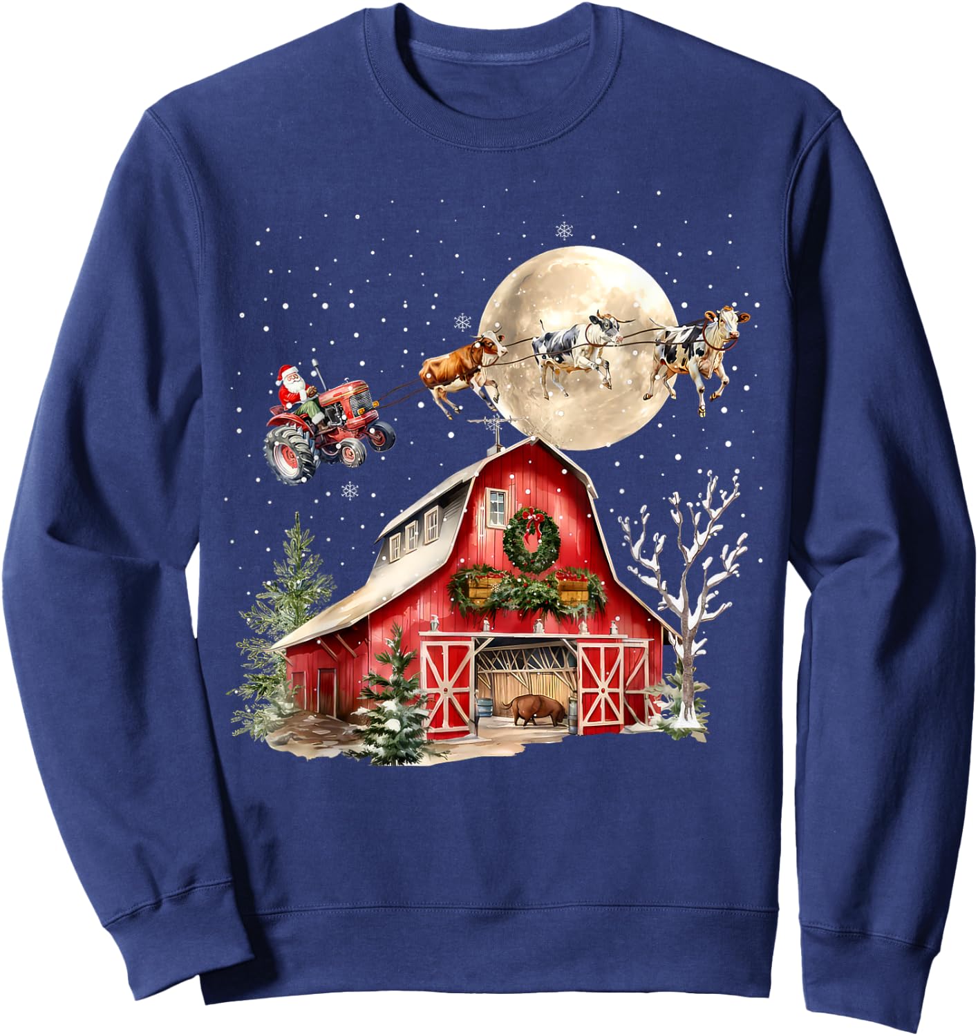 Funny Santa Claus Tractor Cows Farm Farmer Christmas Holiday Sweatshirt - Sweatshirt | Navy