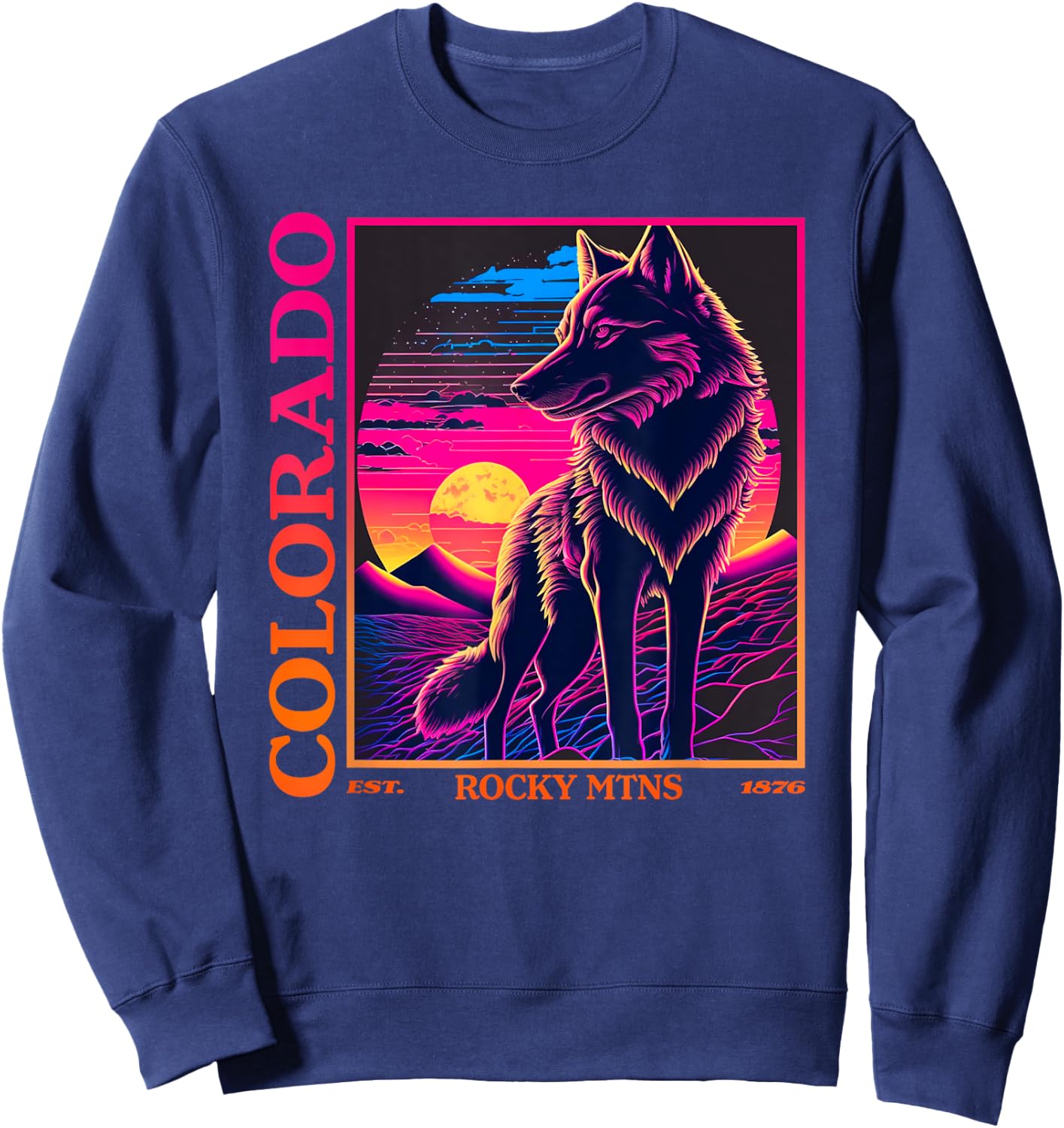 Colorado Mountain Wolf - Wolf, Moon, & Stars Retro Sweatshirt - Sweatshirt | Navy