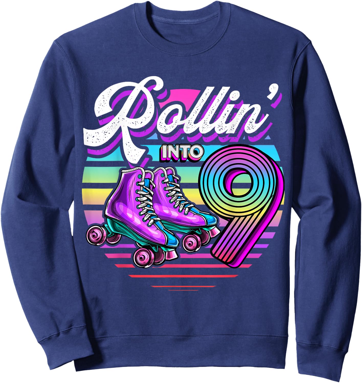 Rollin' into 9 Roller Skating Rink 9th Birthday Party Girls Sweatshirt - Sweatshirt | Navy
