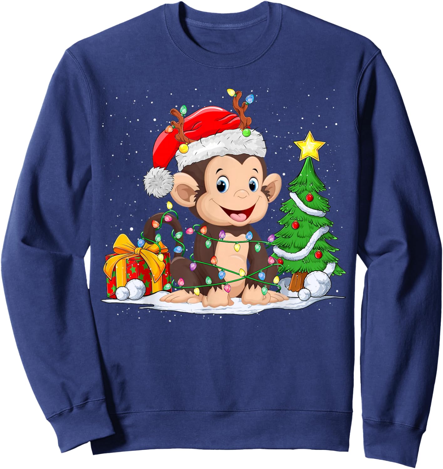Cute Monkey Santa Christmas Tree Lights Xmas Pajama Monkey Sweatshirt - Sweatshirt | Navy