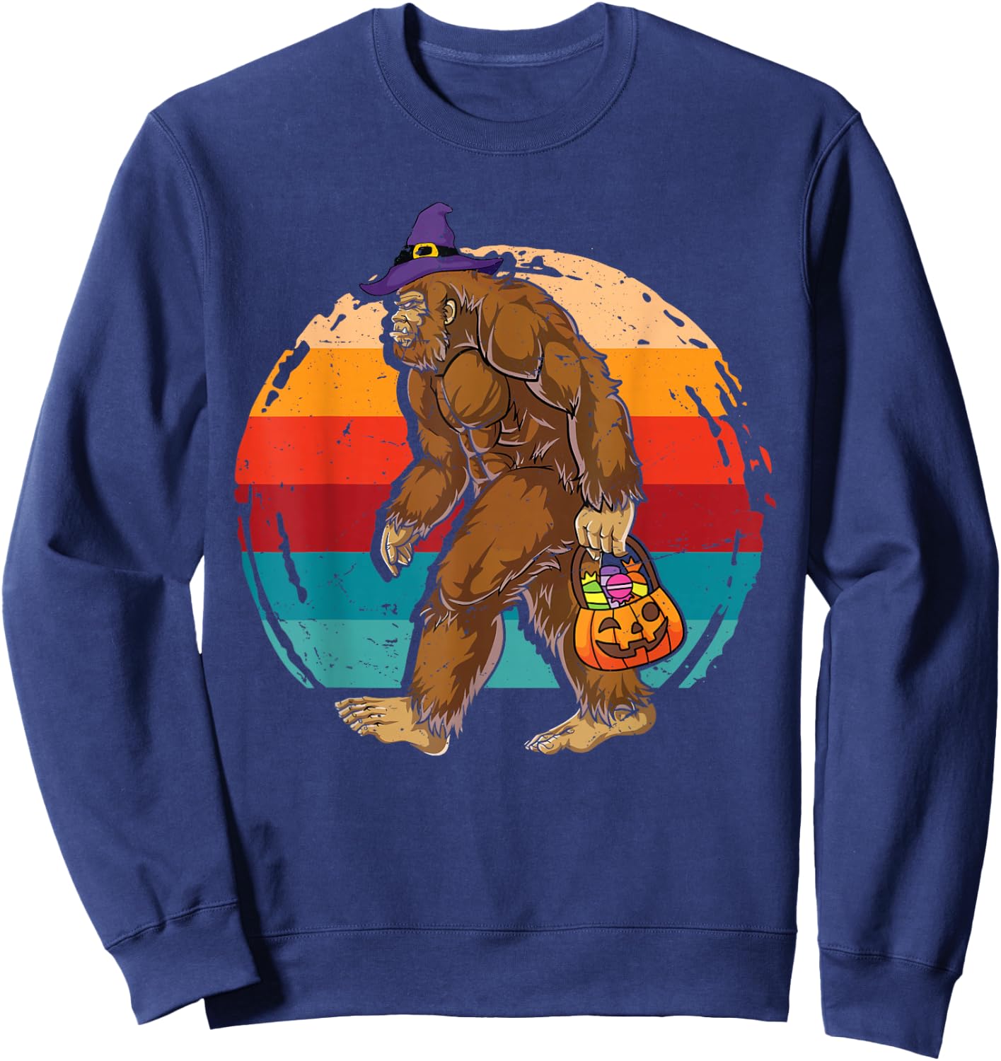 Bigfoot Sasquatch Witch Hat Retro Jack O Lantern Halloween Sweatshirt - Sweatshirt | Navy