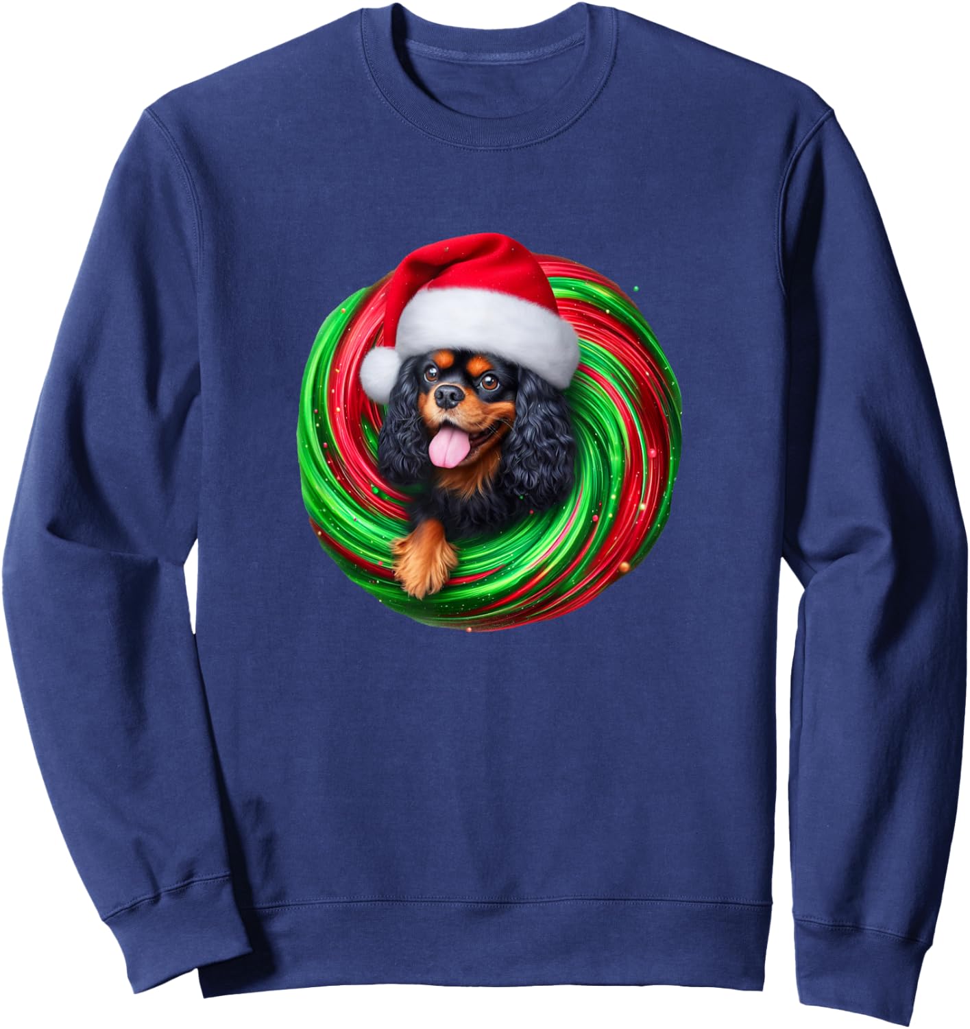 Cavalier King Charles Spaniel Dog Black Tan Christmas Swirl Men Women Sweatshirt - Sweatshirt | Navy