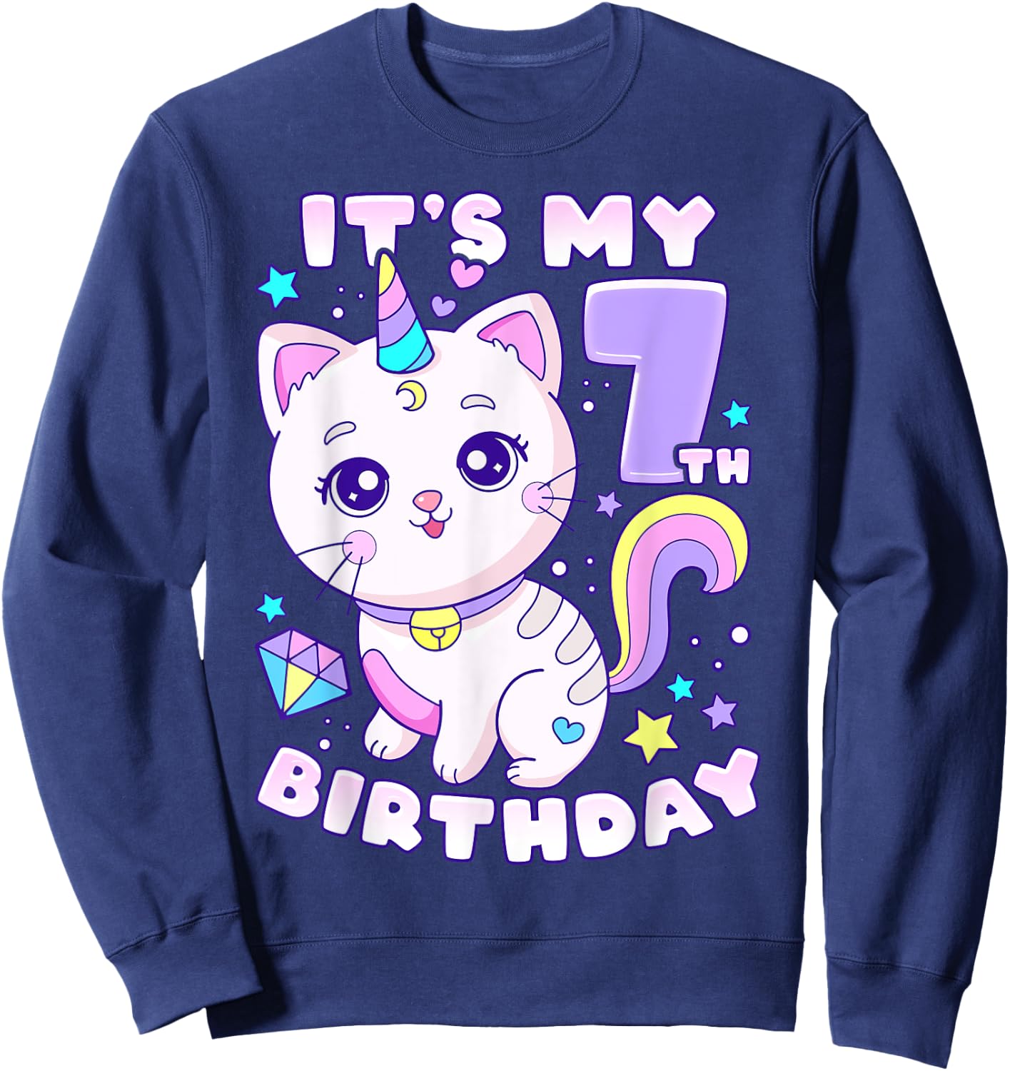 Birthday girl 7 years old, cat, unicorn, 7th birthday Sweatshirt - Sweatshirt | Navy