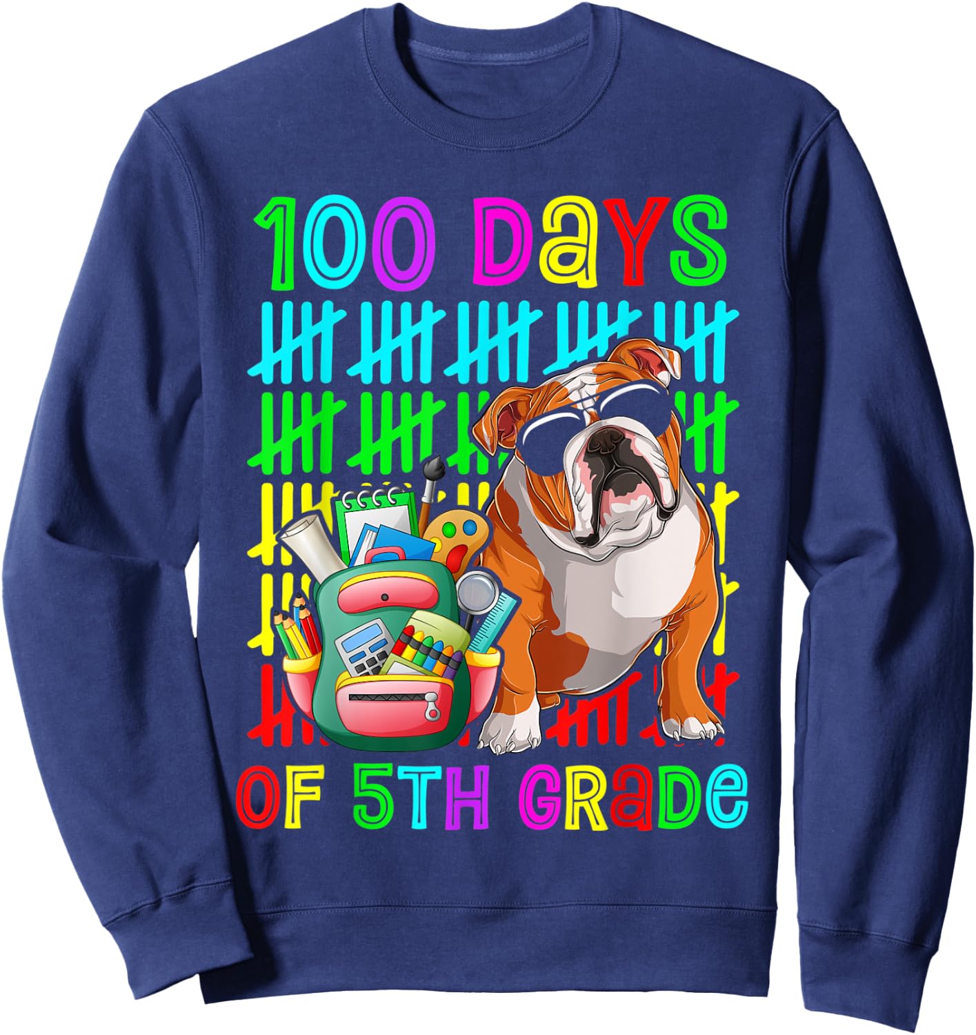 100th Day Of 5th Grade Boys Kids English Bulldog Dog Lovers Sweatshirt - Sweatshirt | Navy