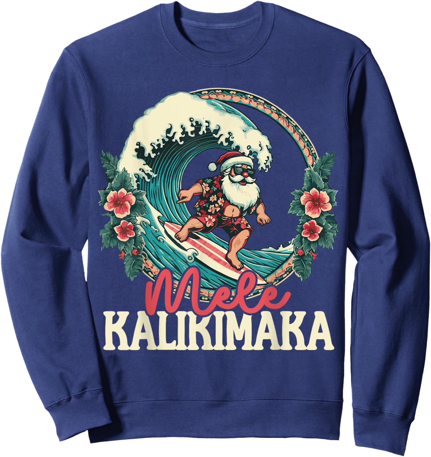 Mele Kalikimaka Santa Surfing Christmas Hawaiian Shaka Wave Sweatshirt - Sweatshirt | Navy