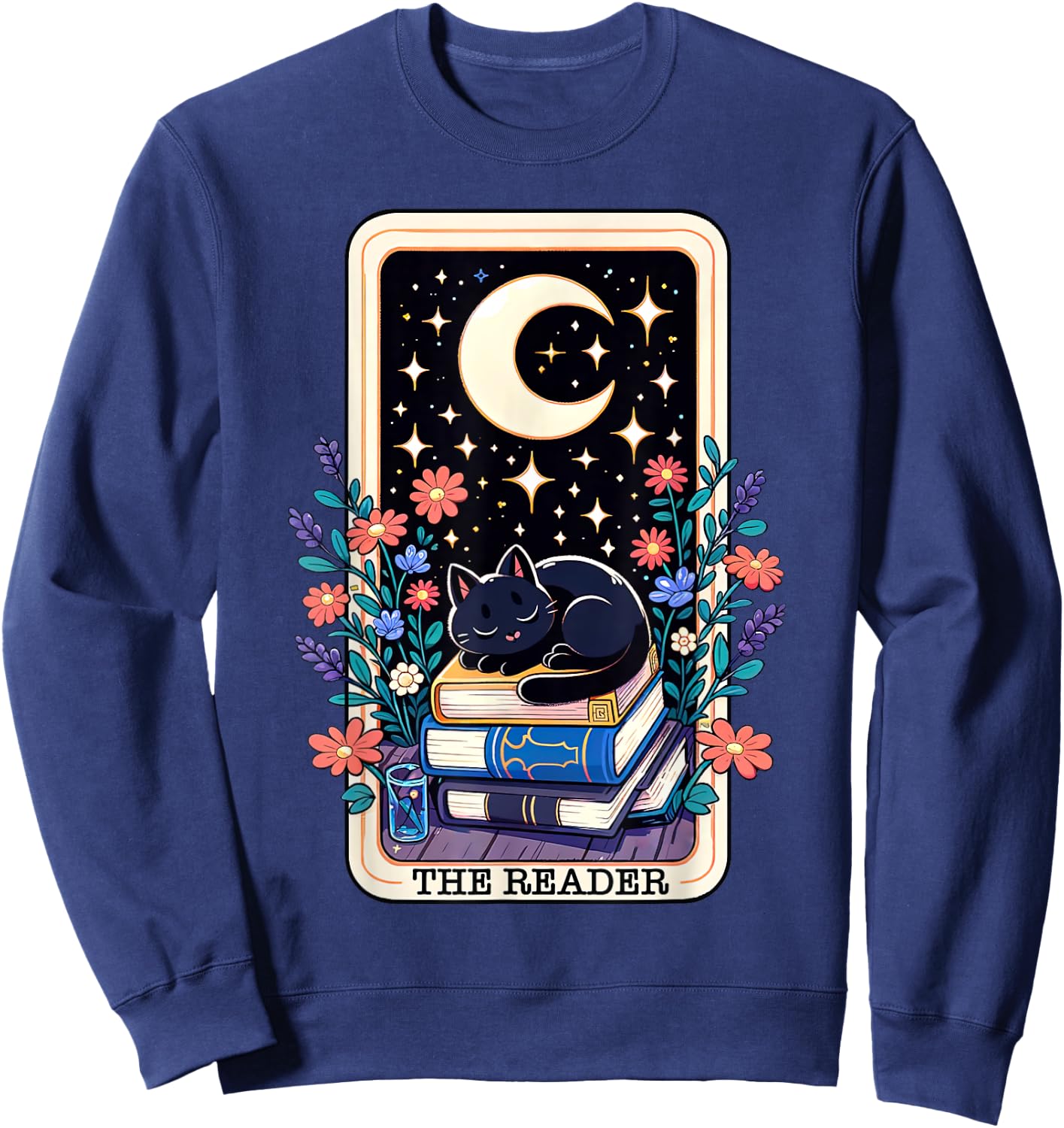 The Reader Tarot Card Cute Cat On Books Stack Book Lover Men Women Sweatshirt - Sweatshirt | Navy