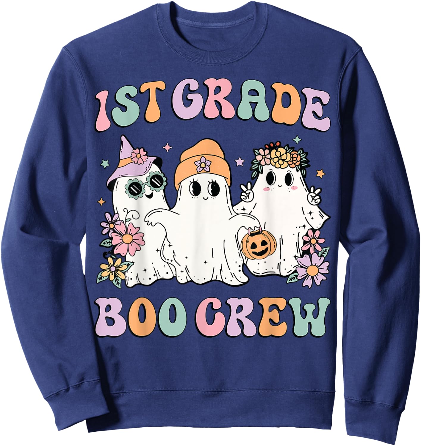 1st Grade Boo Crew Groovy Halloween Floral Ghost Kid Teacher Sweatshirt - Sweatshirt | Navy