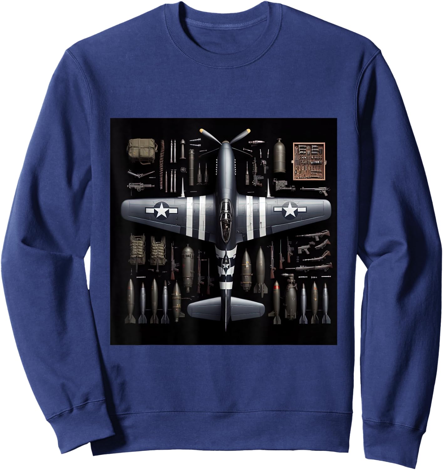 WW2 Warplane P51 Mustang Assembly Parts Blueprint Sweatshirt - Sweatshirt | Navy