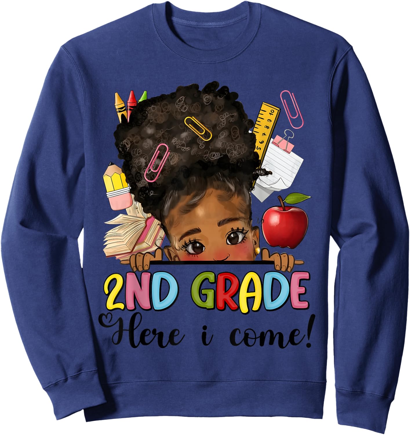 Second Grade Here I come Afro Girl Messy Bun Back to school Sweatshirt - Sweatshirt | Navy