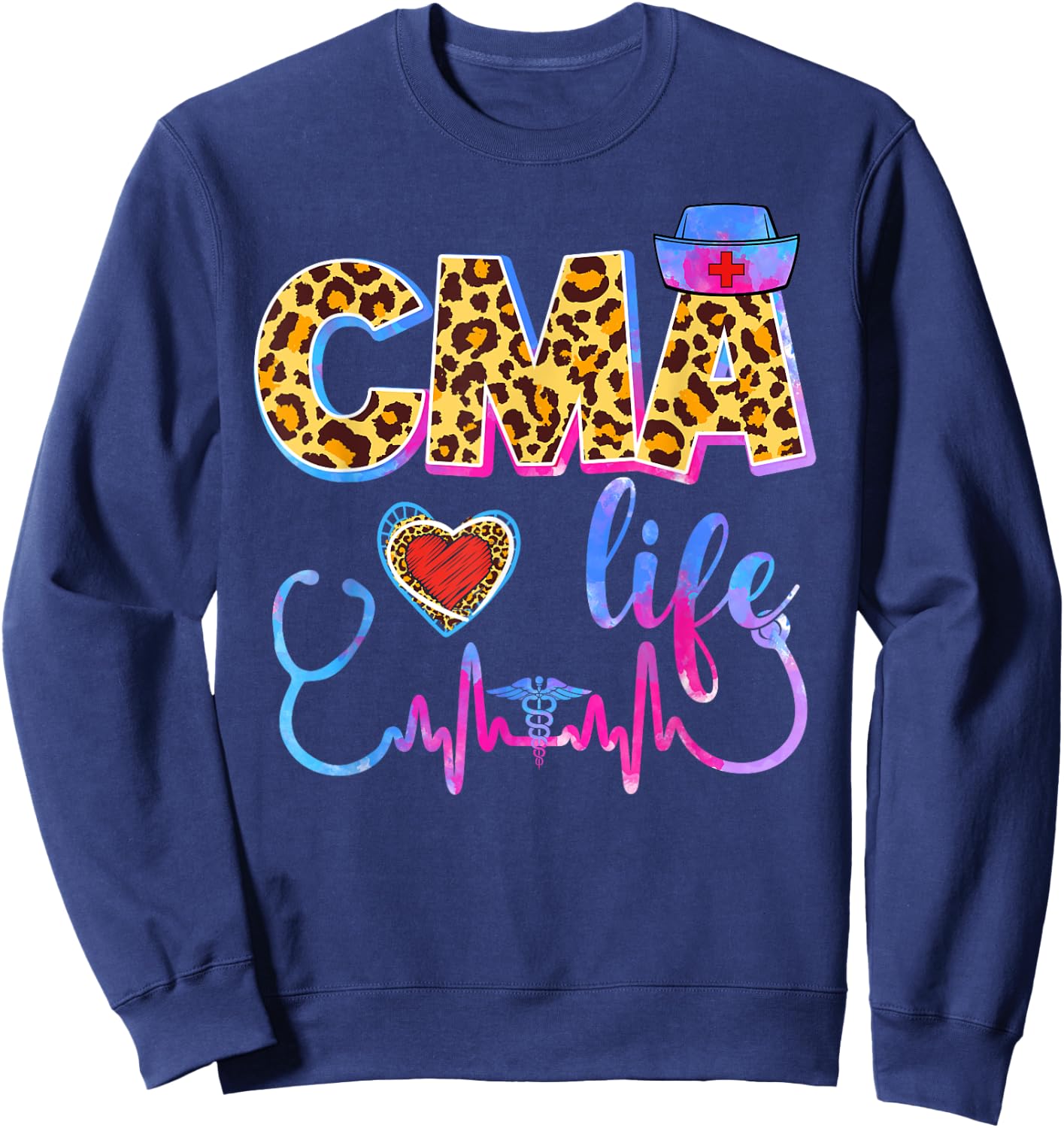 Leopard Tie Dye CMA Life Stethoscope Leopard Nurse Week Sweatshirt - Sweatshirt | Navy