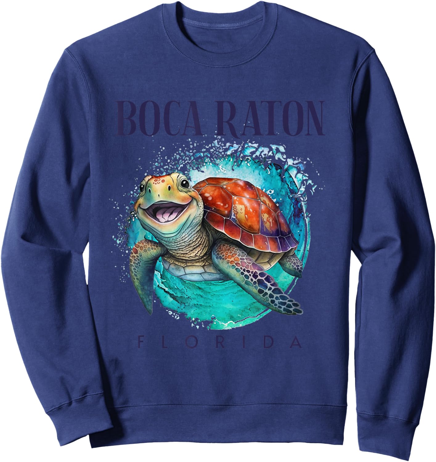 Boca Raton Florida Watercolor Happy Sea Turtle Sweatshirt - Sweatshirt | Navy