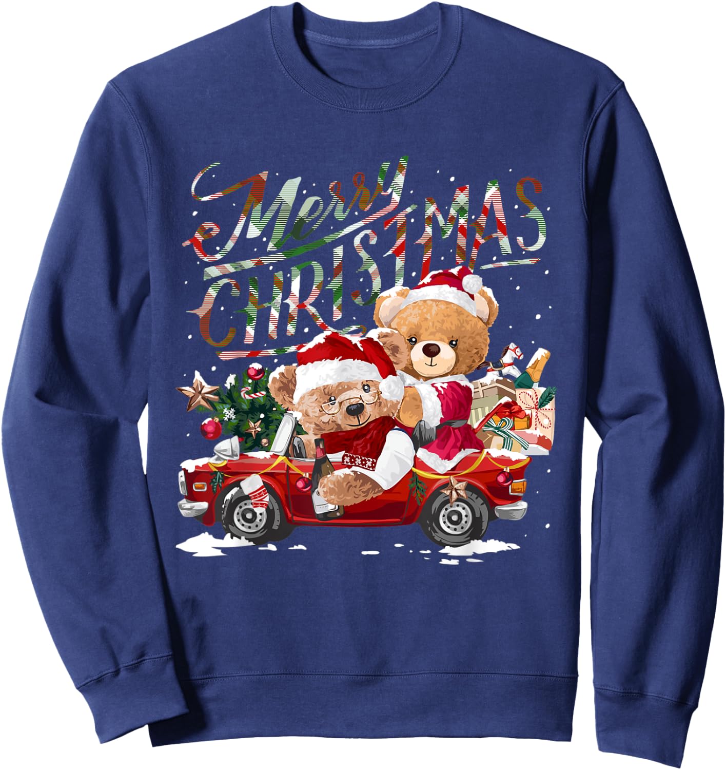 Teddy bears and Christmas tree in red car Sweatshirt - Sweatshirt | Navy