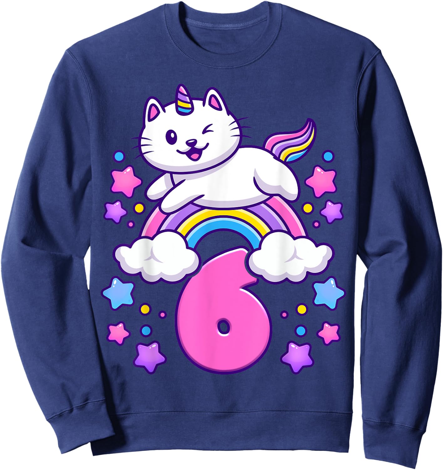 Birthday girl 6 years old, cat, unicorn, 6th birthday Sweatshirt - Sweatshirt | Navy