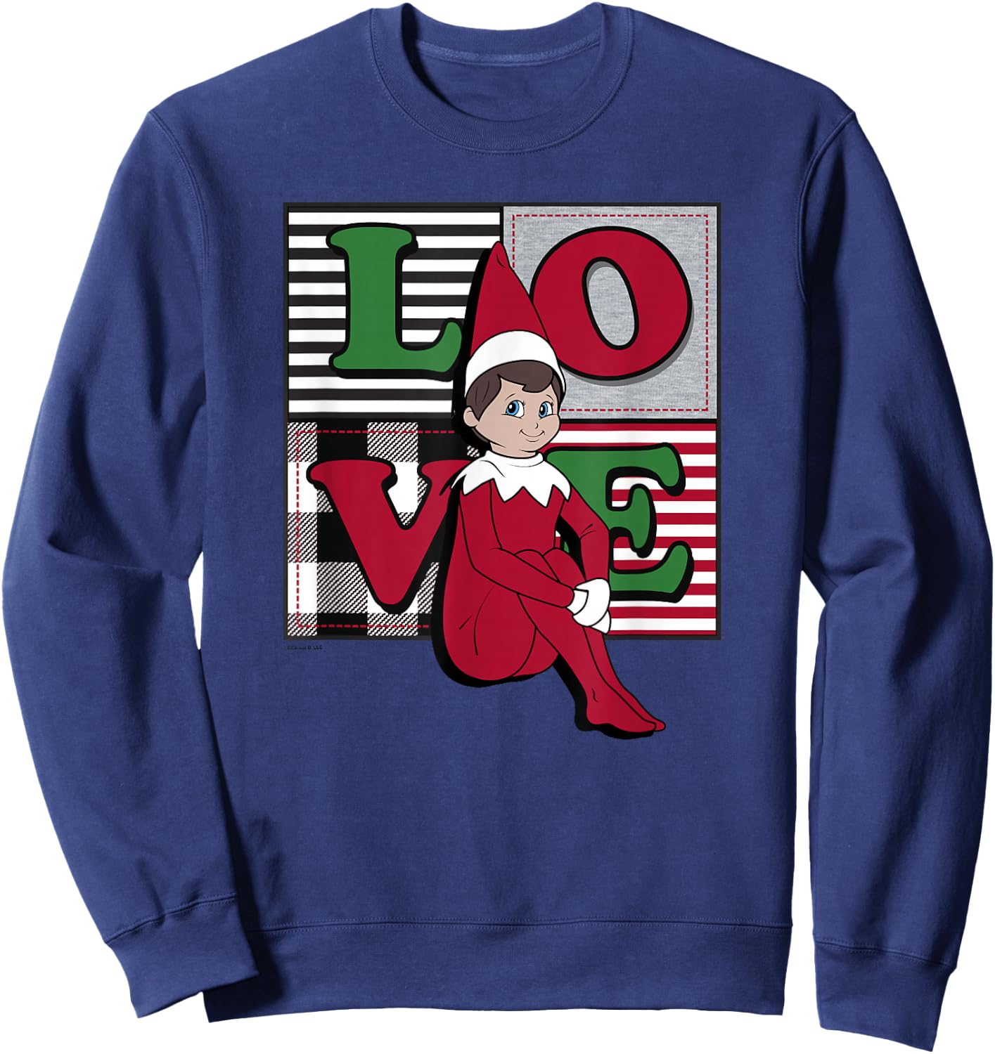 Elf on The Shelf Christmas Love Stacked Plaid Squares Logo Sweatshirt - Sweatshirt | Navy