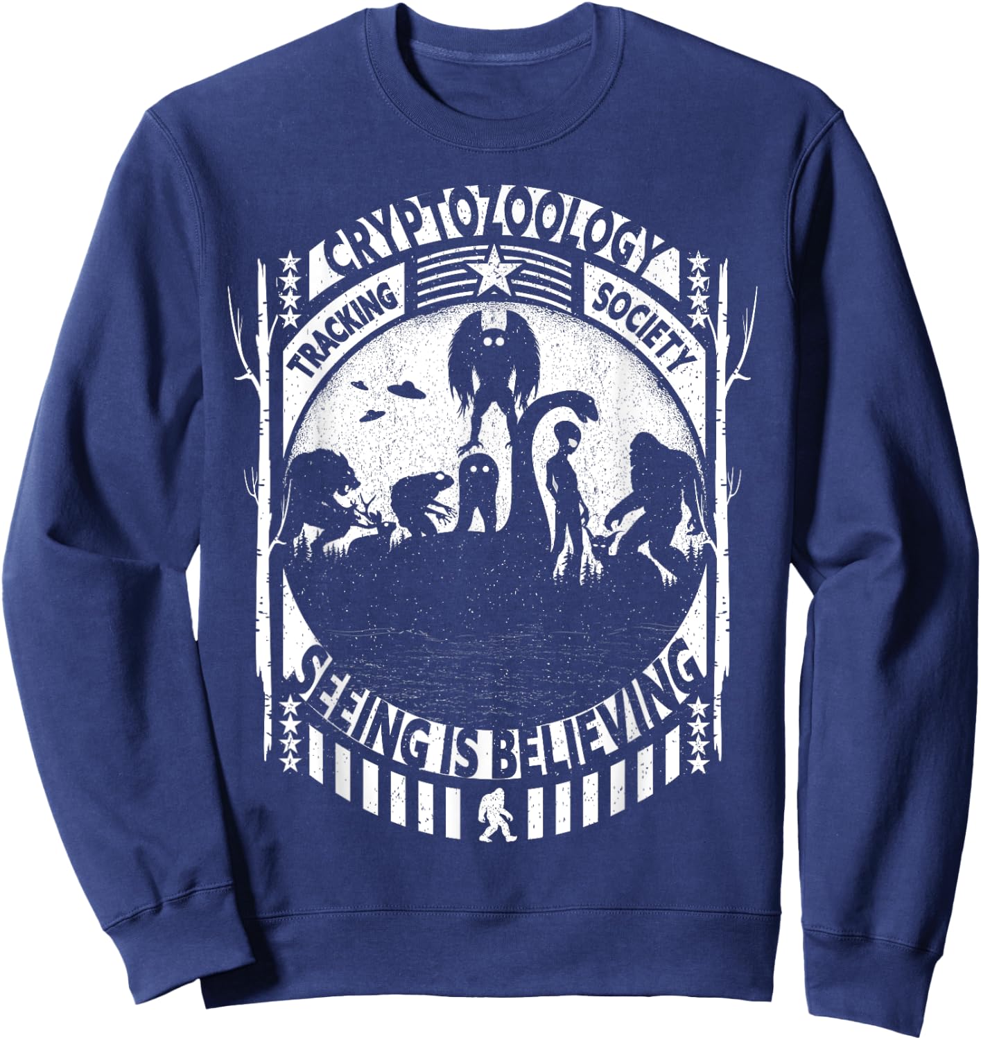 Cryptozoology Team Bigfoot Nessie Mothman And Aliens Cryptid Sweatshirt - Sweatshirt | Navy