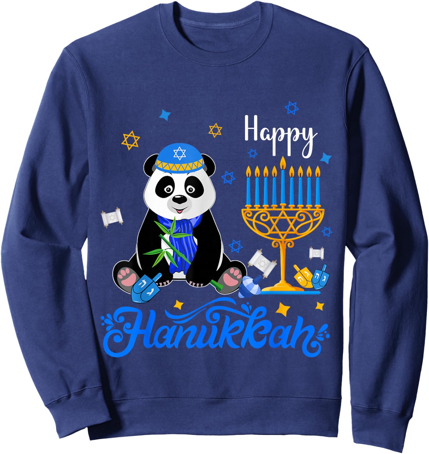 Happy Hanukkah Panda Wearing Jewish Hat Menorah Dreidel Sweatshirt - Sweatshirt | Navy