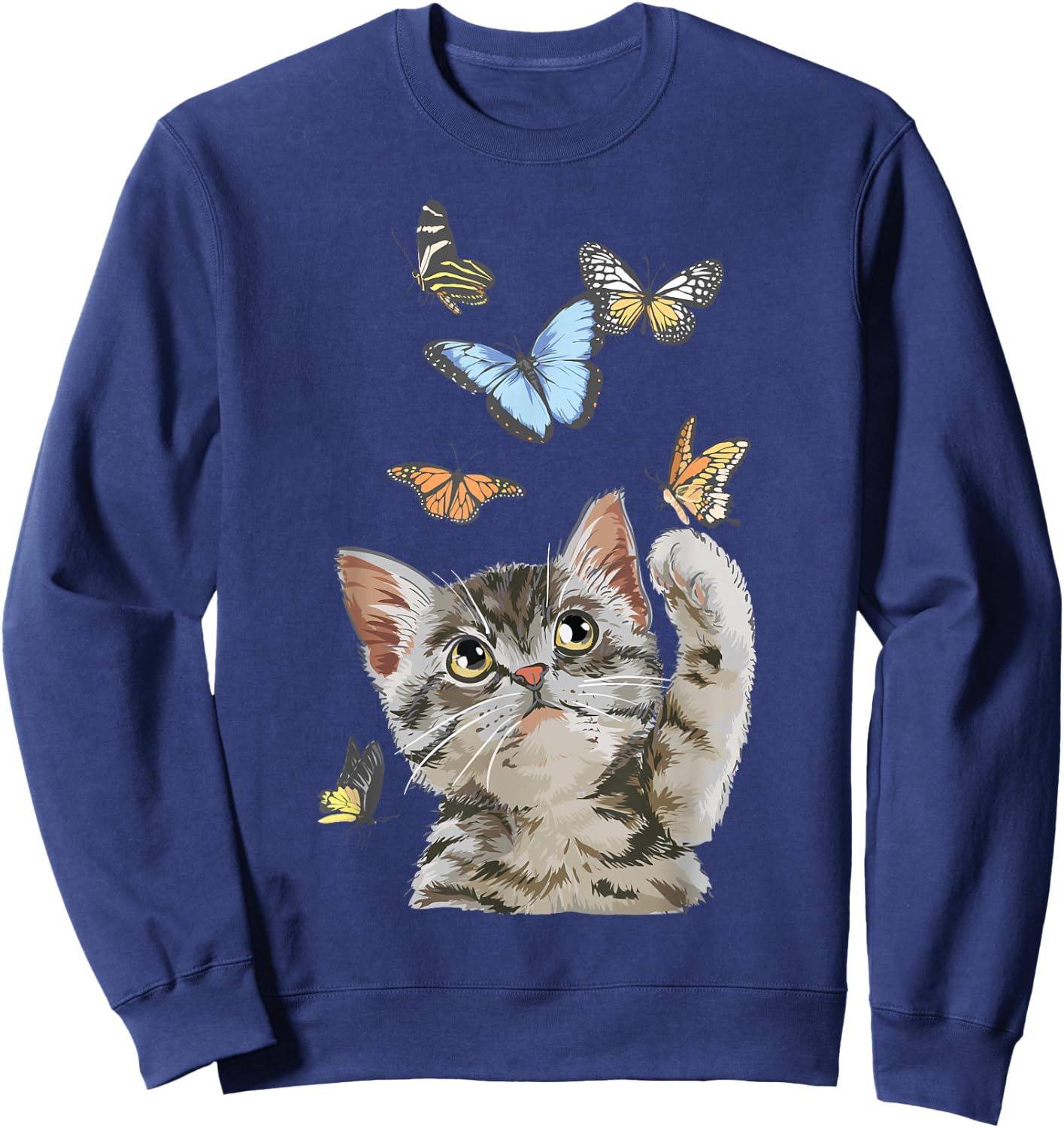 cute Kitty cat playing butterflies for lover cats kitten Sweatshirt - Sweatshirt | Navy