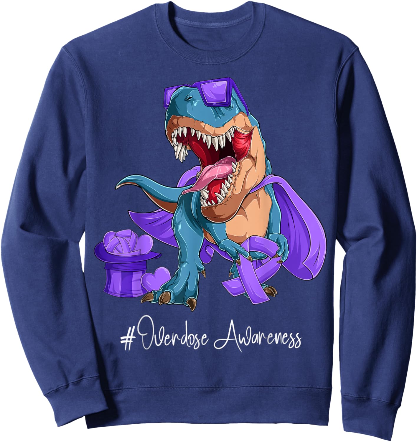 Overdose Awareness Month Purple Ribbon Trex Sweatshirt - Sweatshirt | Navy