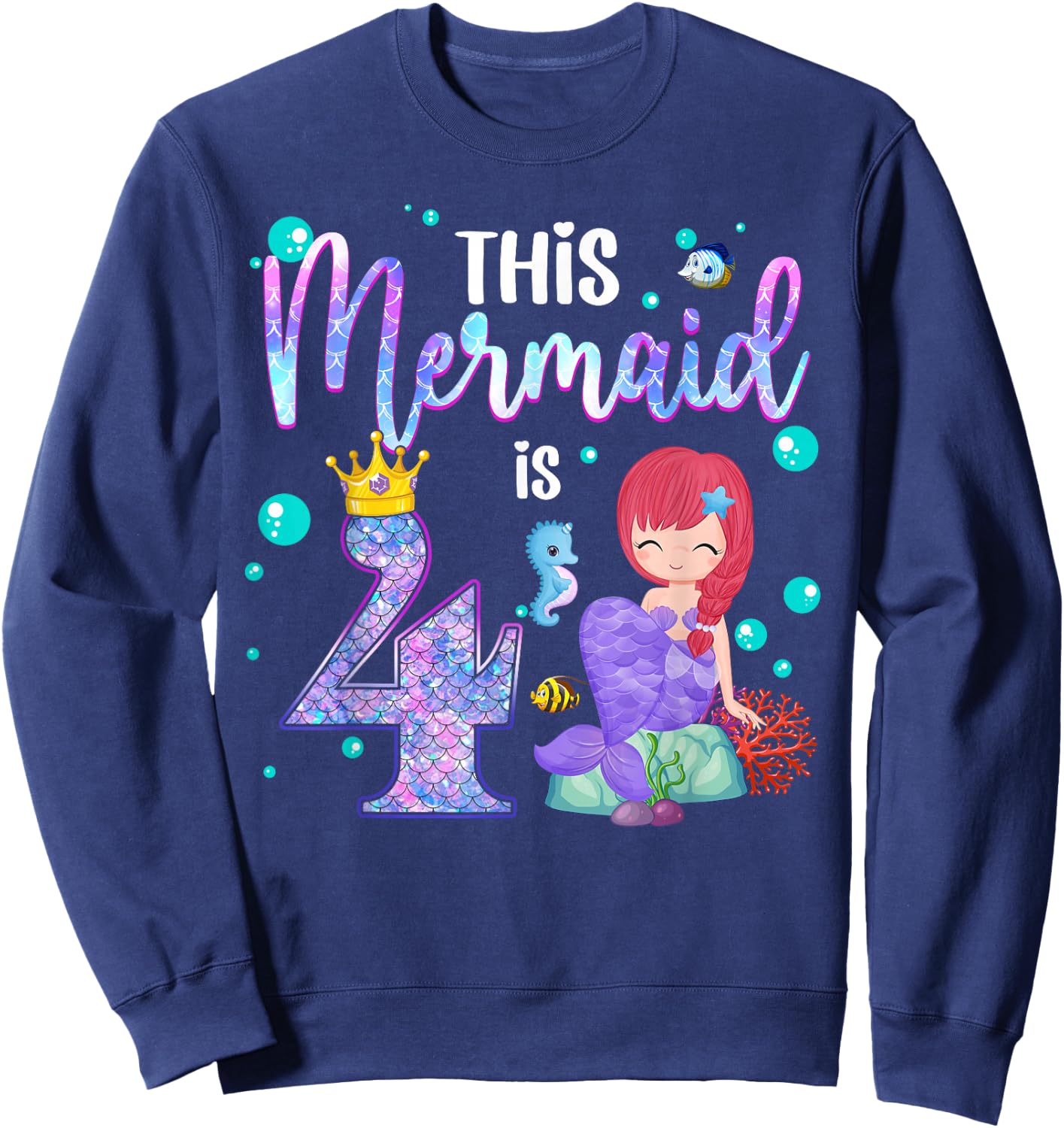 Girls 4th Birthday This Mermaid is 4 Years Old Mermaid Kids Sweatshirt - Sweatshirt | Navy