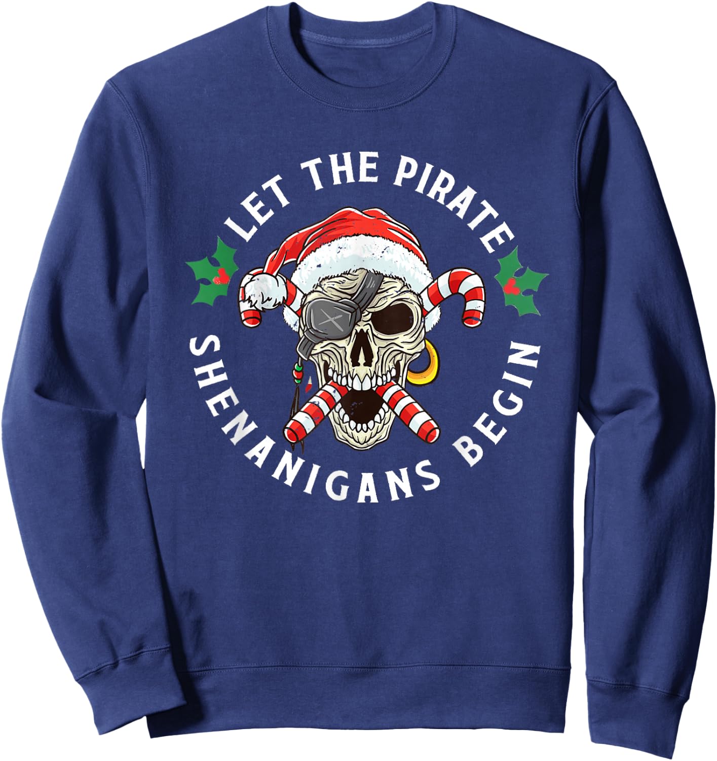 Skeleton Skull Santa Pirate Candy Cane Christmas Jolly Roger Sweatshirt - Sweatshirt | Navy