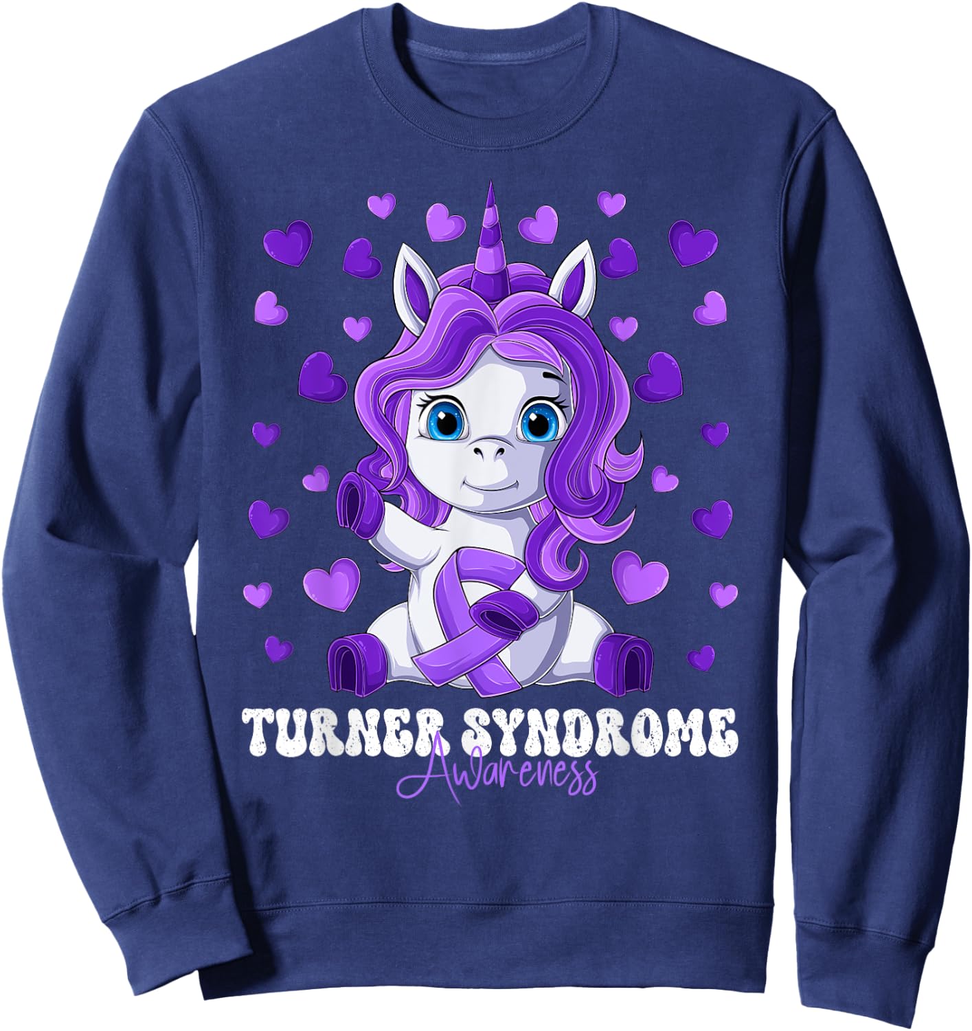 Turner Syndrome Awareness Month Purple Ribbon Unicorn Sweatshirt - Sweatshirt | Navy