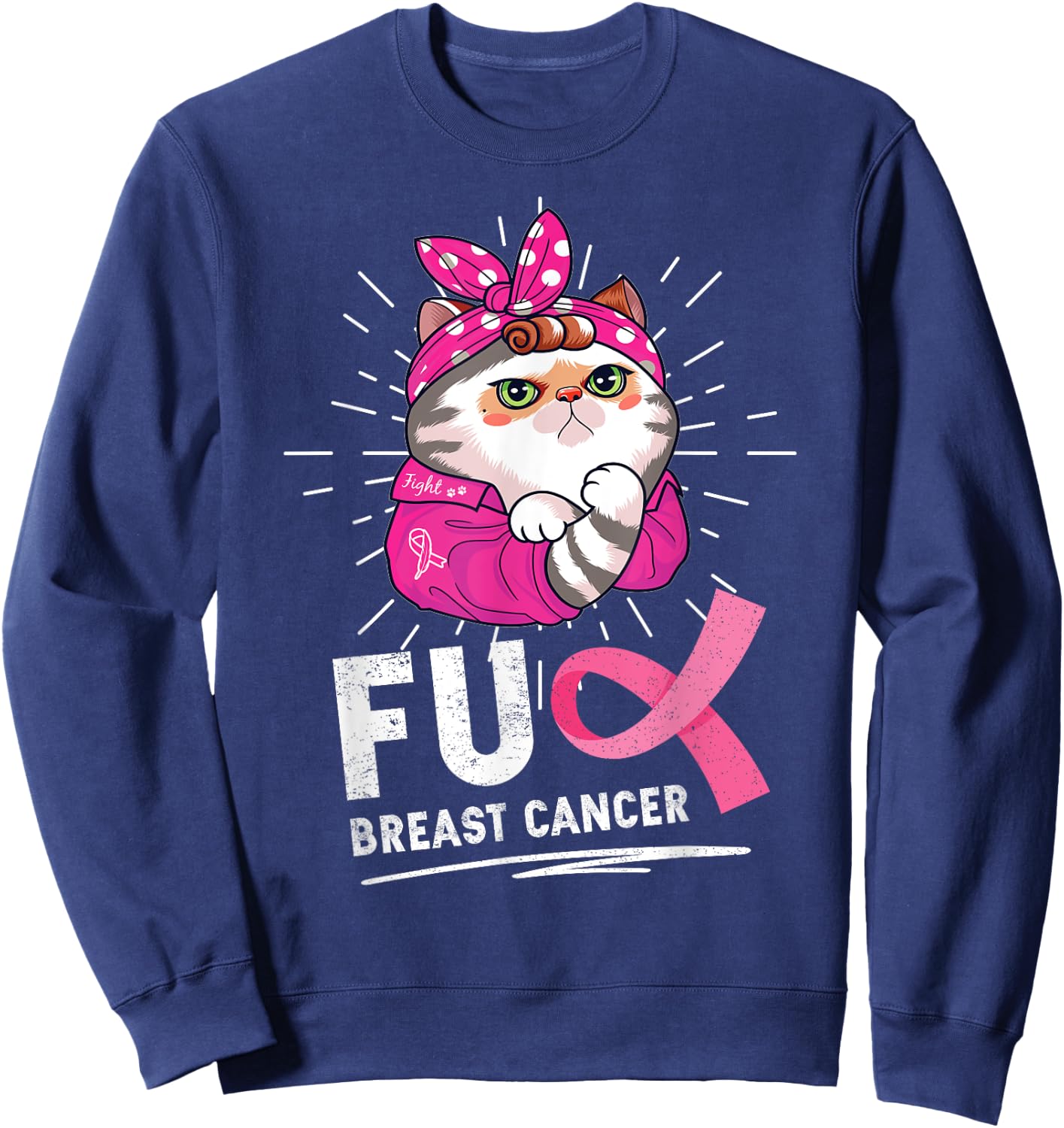 Funny Cat Warrior Fuck Cancer Breast Cancer Awareness Women Sweatshirt - Sweatshirt | Navy