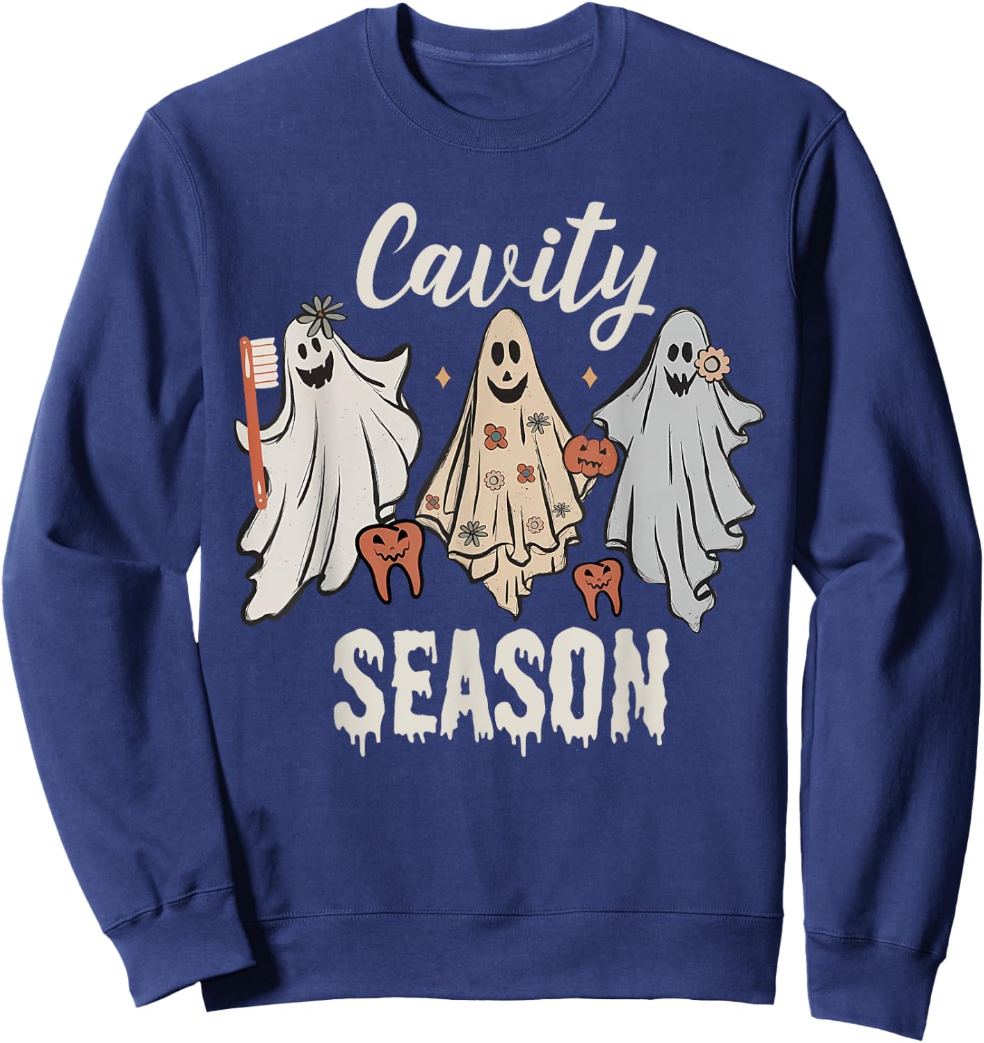 Cavity Season Halloween Funny Dental Ghosts And Toothbrush Sweatshirt - Sweatshirt | Navy