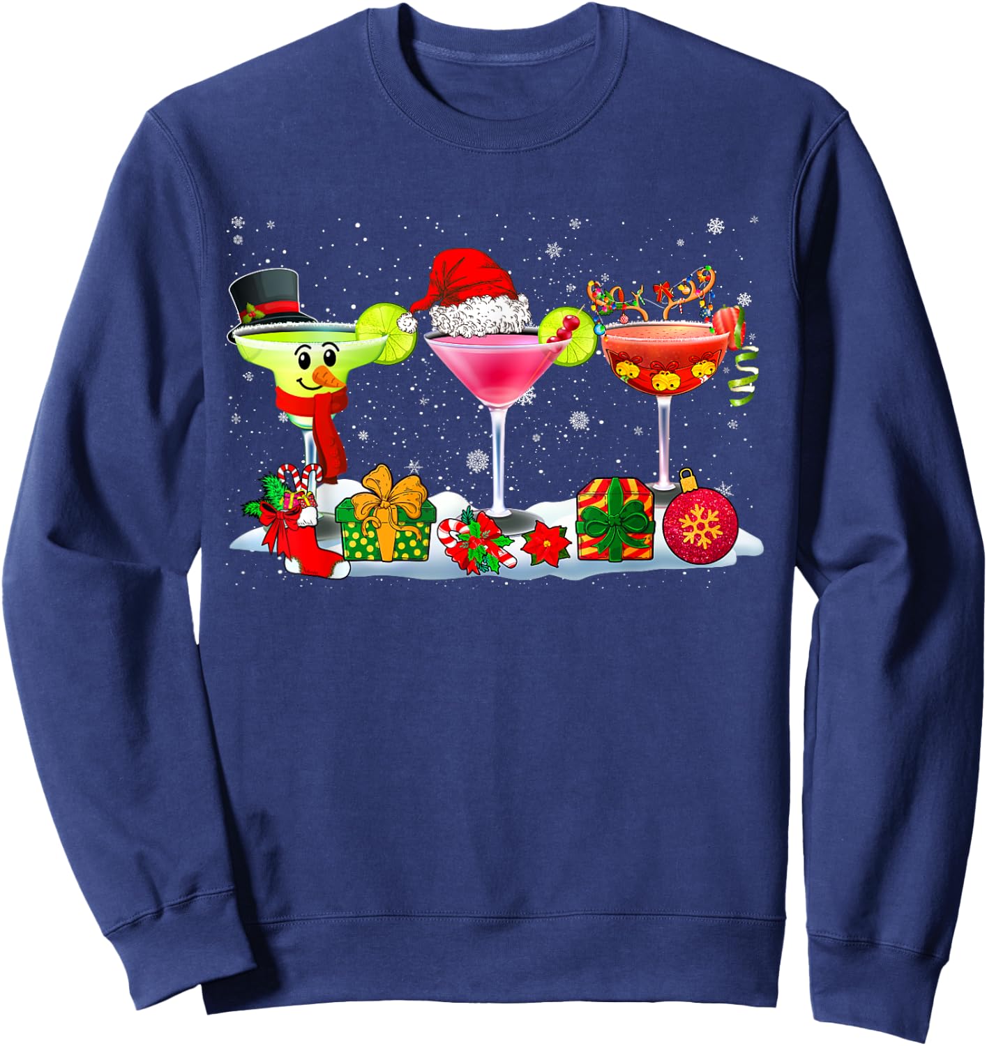 Three Santa Reindeer Snowman Glasses Of Cocktail Funny Xmas Sweatshirt - Sweatshirt | Navy