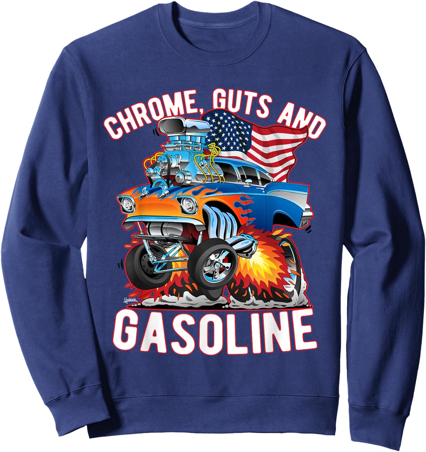 Jeff Hobrath Funny Chrome Guts and Gasoline Hotrod Car Cartoon Design - -Adults/Kids, Black, Short Sleeve, Small Sweatshirt - Sweatshirt | Navy