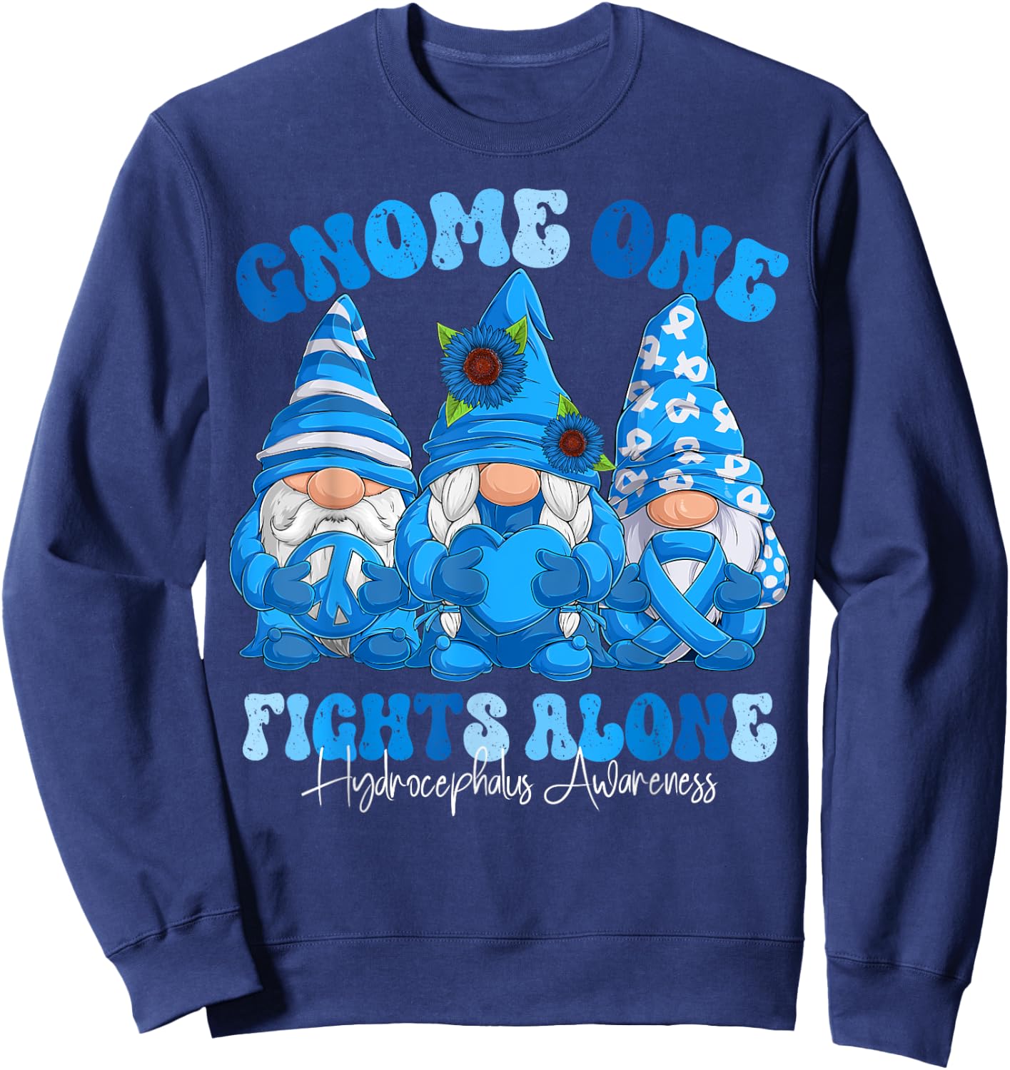 Hydrocephalus Awareness Month Blue Ribbon Gnomies Sweatshirt - Sweatshirt | Navy