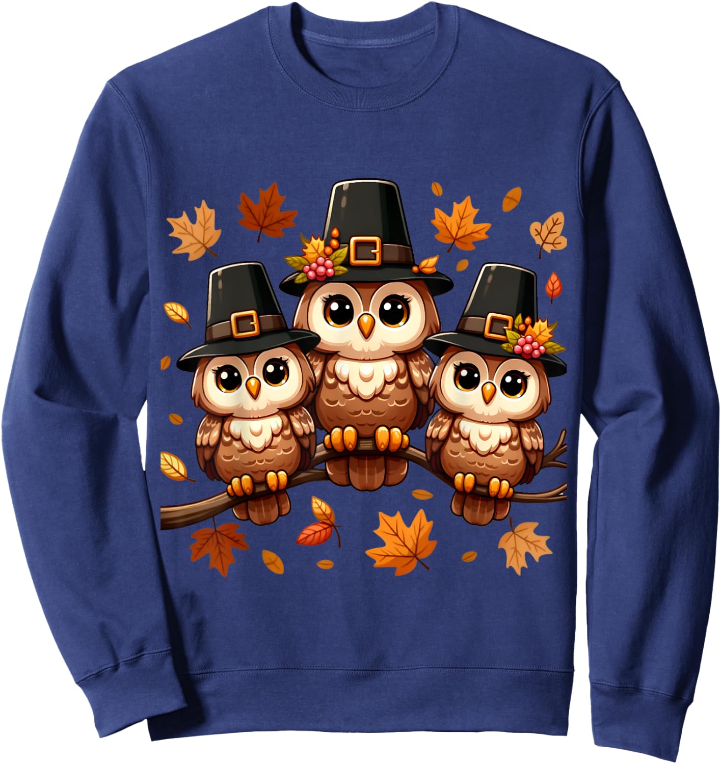 Pilgrim Owls on Autumn Perch Thanksgiving Sweatshirt - Sweatshirt | Navy