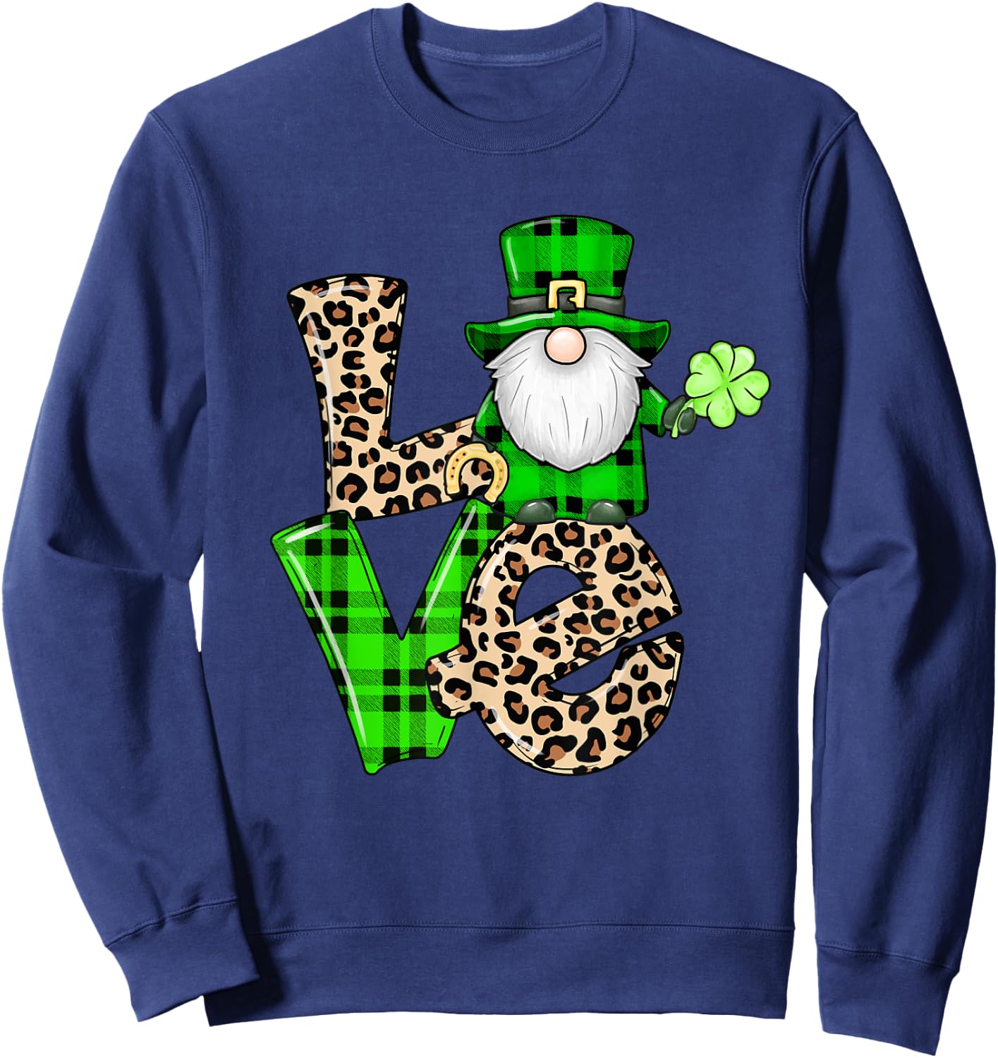 Leopard Shamrock Gnome Leprechaun LOVE St. Patricks Day Sweatshirt - Sweatshirt | Navy
