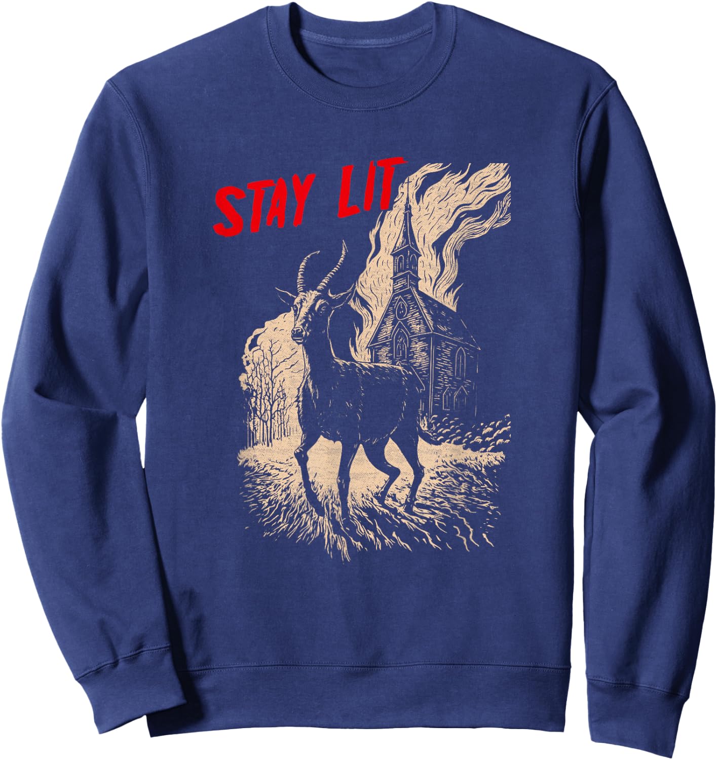 Occult Atheist Black Phillip Burning Church Stay Lit Satan Sweatshirt - Sweatshirt | Navy