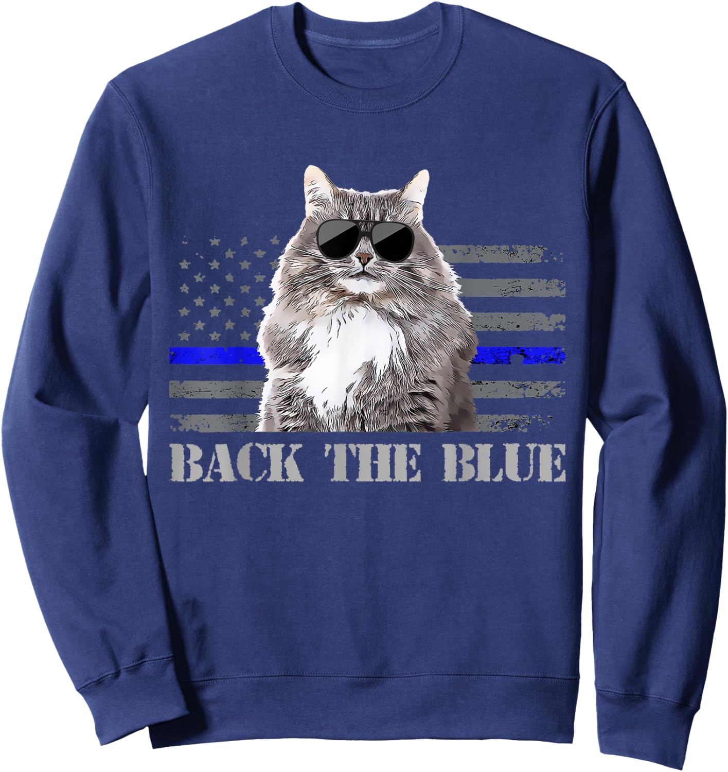 Back the Blue Police Cat Thin Blue Line American Flag Kids Men Sweatshirt - Sweatshirt | Navy