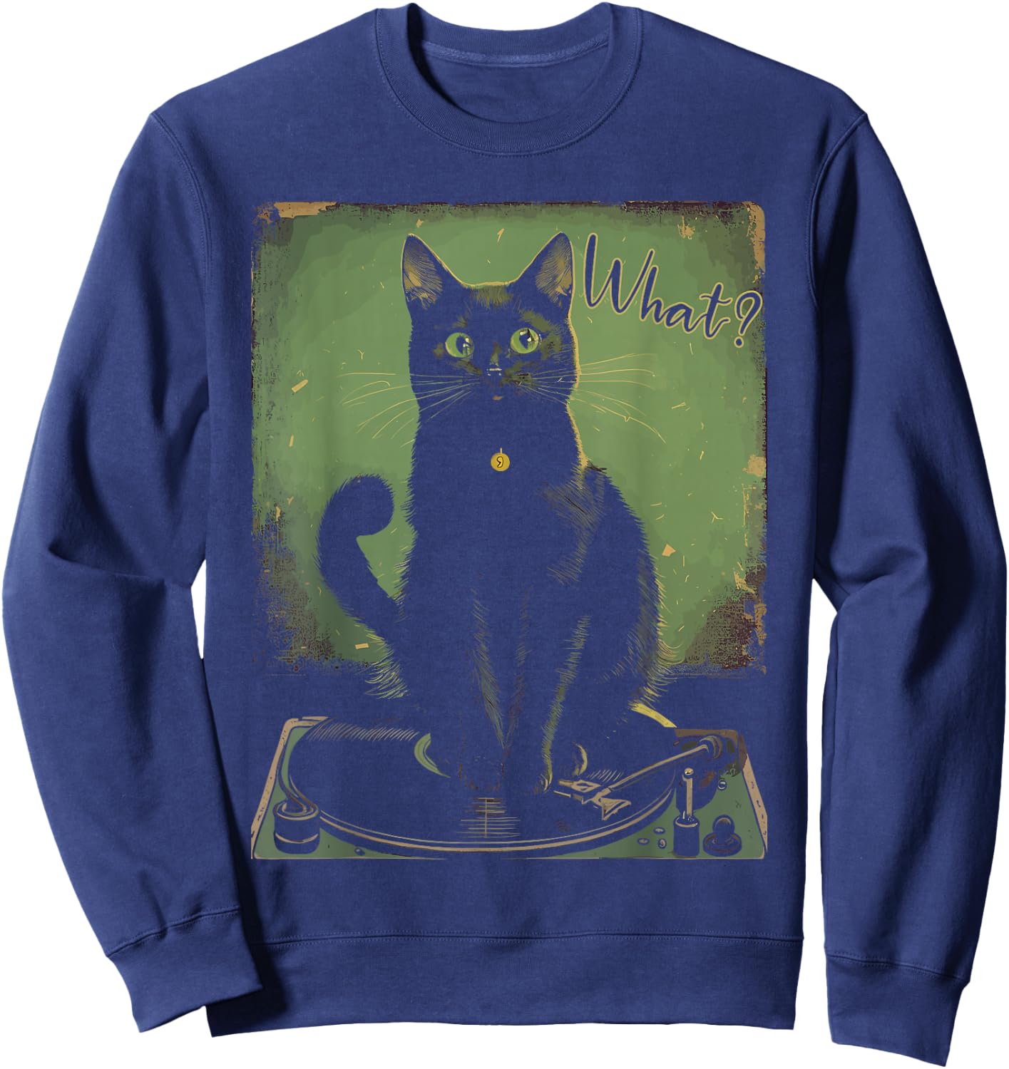 Black Cat Sitting On Vinyl Record Player Women Men Sweatshirt - Sweatshirt | Navy