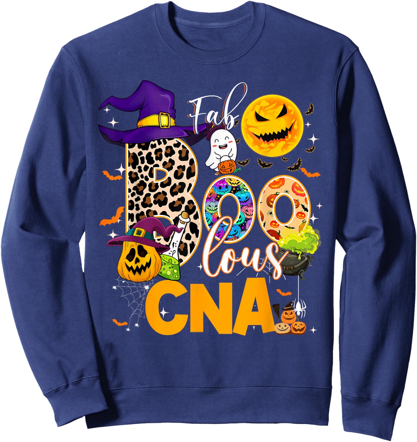 Fab Boo Lous CNA Nurse Nursing Halloween Leopard Pumpkin Sweatshirt - Sweatshirt | Navy