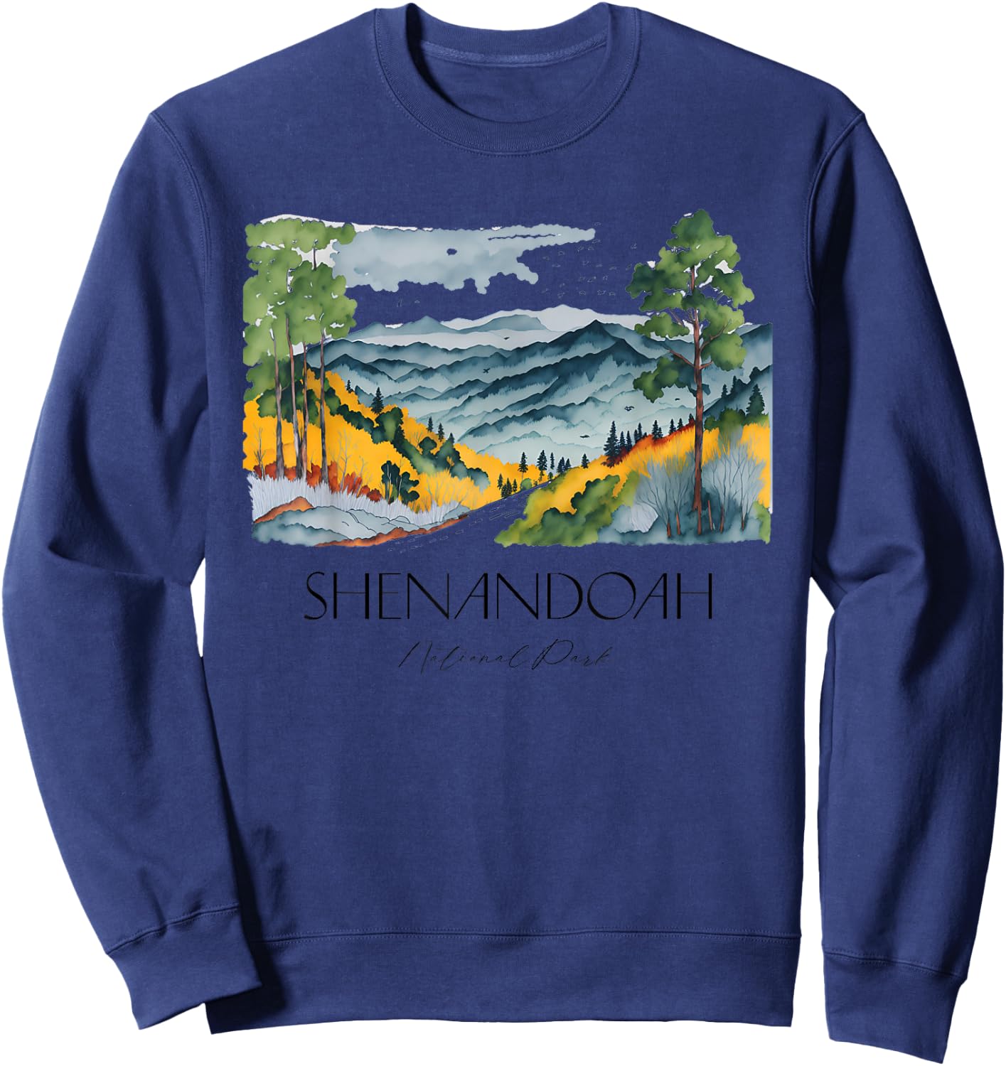 Cool Shenandoah National Park Hiking Watercolor Graphic Sweatshirt - Sweatshirt | Navy
